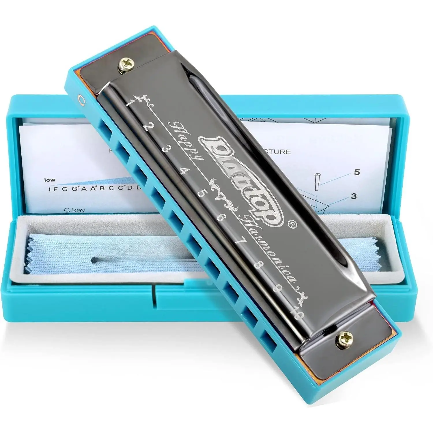 Blues Harmonica, Diatonic 10 Holes C Key Happy Harmonica Mouth Organ for Beginner,,,Students,,with Carrying Plastic Case,Clean Cloth and Manual