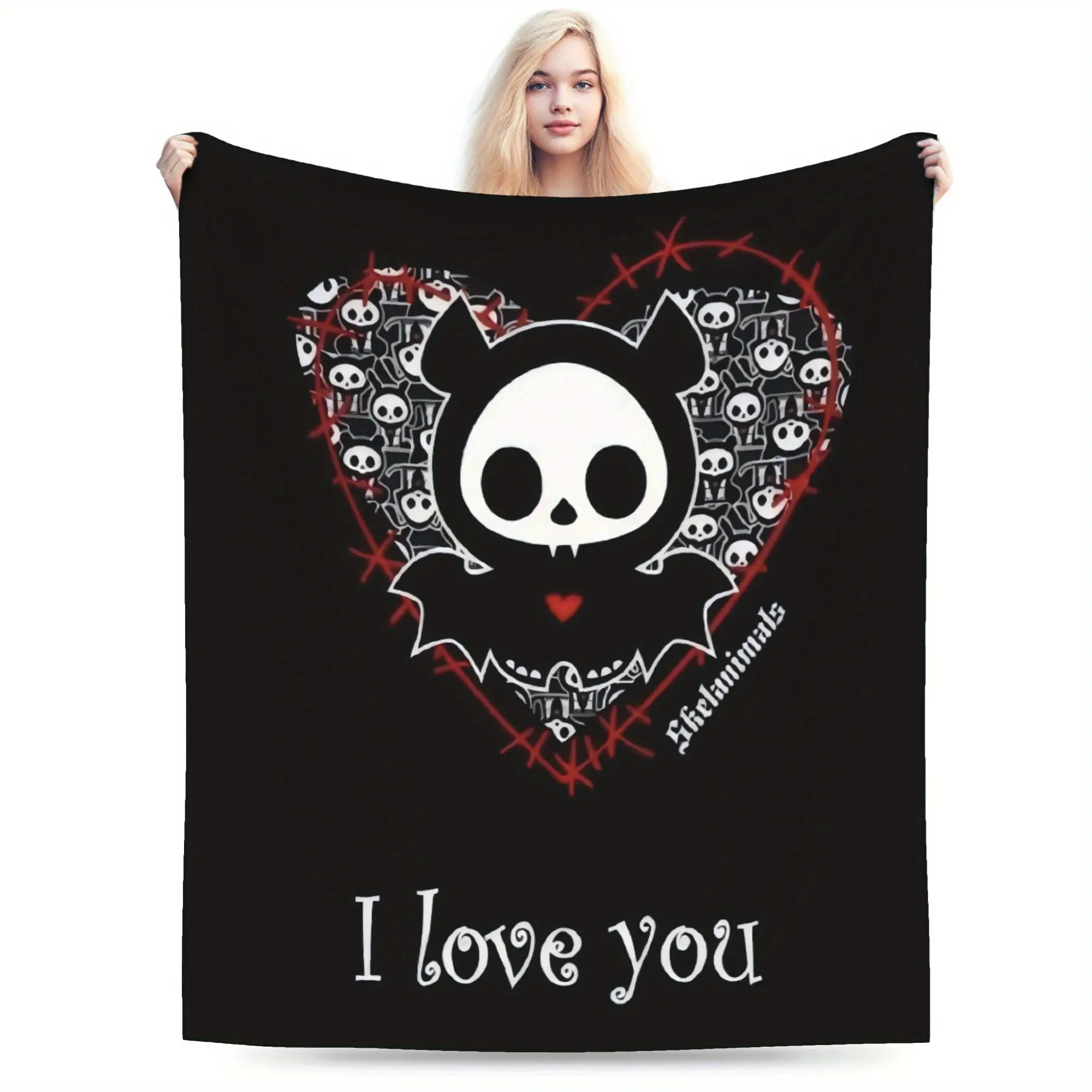Skelanimals Anti-Pilling Flannel Fleece Throw Blanket - Solid Black, Bat Skeleton, Thorn Heart, Love Message, Soft, Pastel Goth Gothic Decor for Bedroom/Sofa, Home & Travel Gift for Fans, Multi-Size