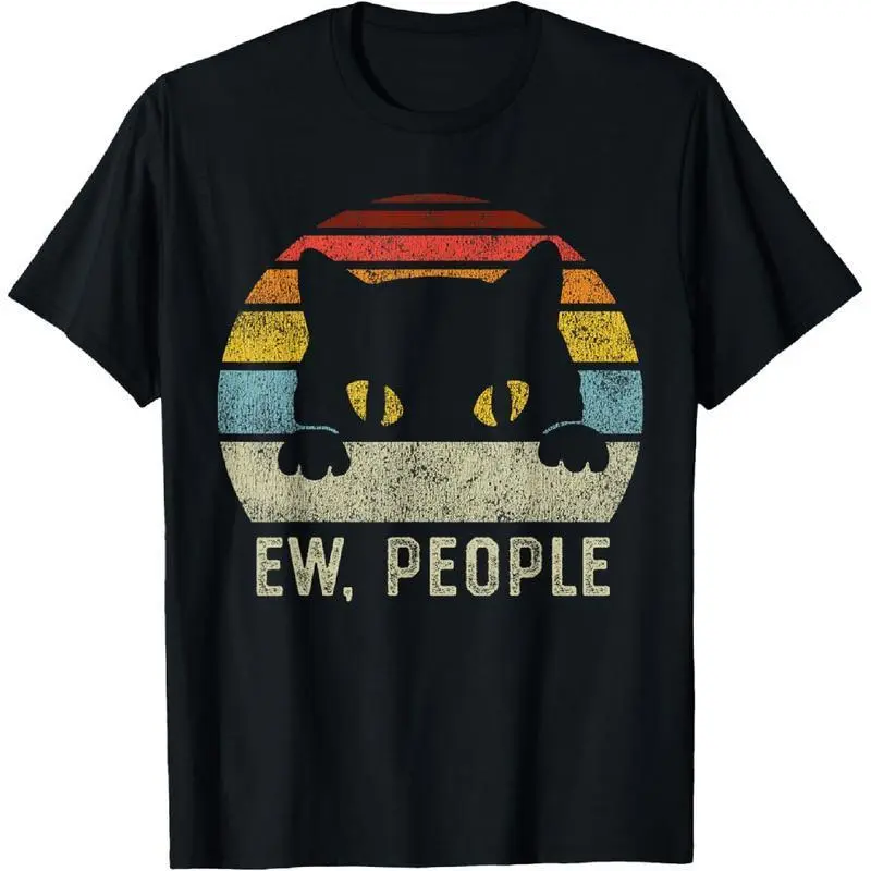 Men's 100% Cotton Stretch Knit Casual Short-Sleeve Round Neck Top - Retro Cat "Ew People" Print Tee, Anti-Social Introvert Sarcastic Apparel, Vintage Fit Menswear Fabric