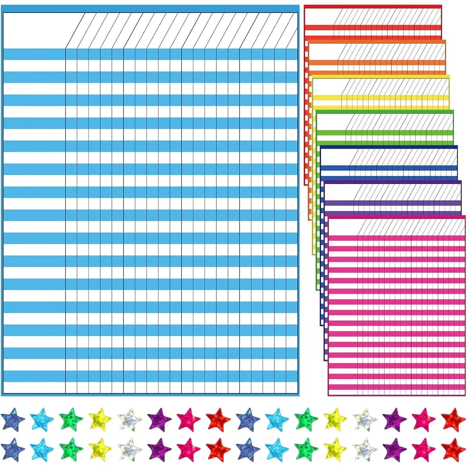 8 Pack Colorful Dry Erase Incentive Chart Multi-Color Classroom Laminated Dry Erase Reward Chore Charts with 1350 Reward Star Stickers for School Attendance Homework Progress Tracking, 13" x 17"