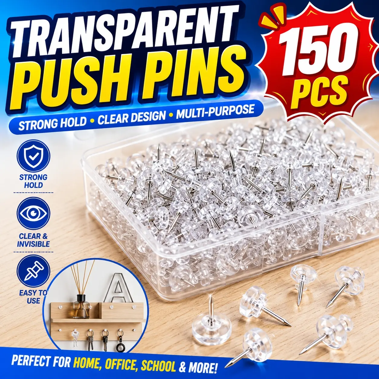 150pcs transparent flat-head push pins, suitable for bulletin boards and DIY photo wall decorations
