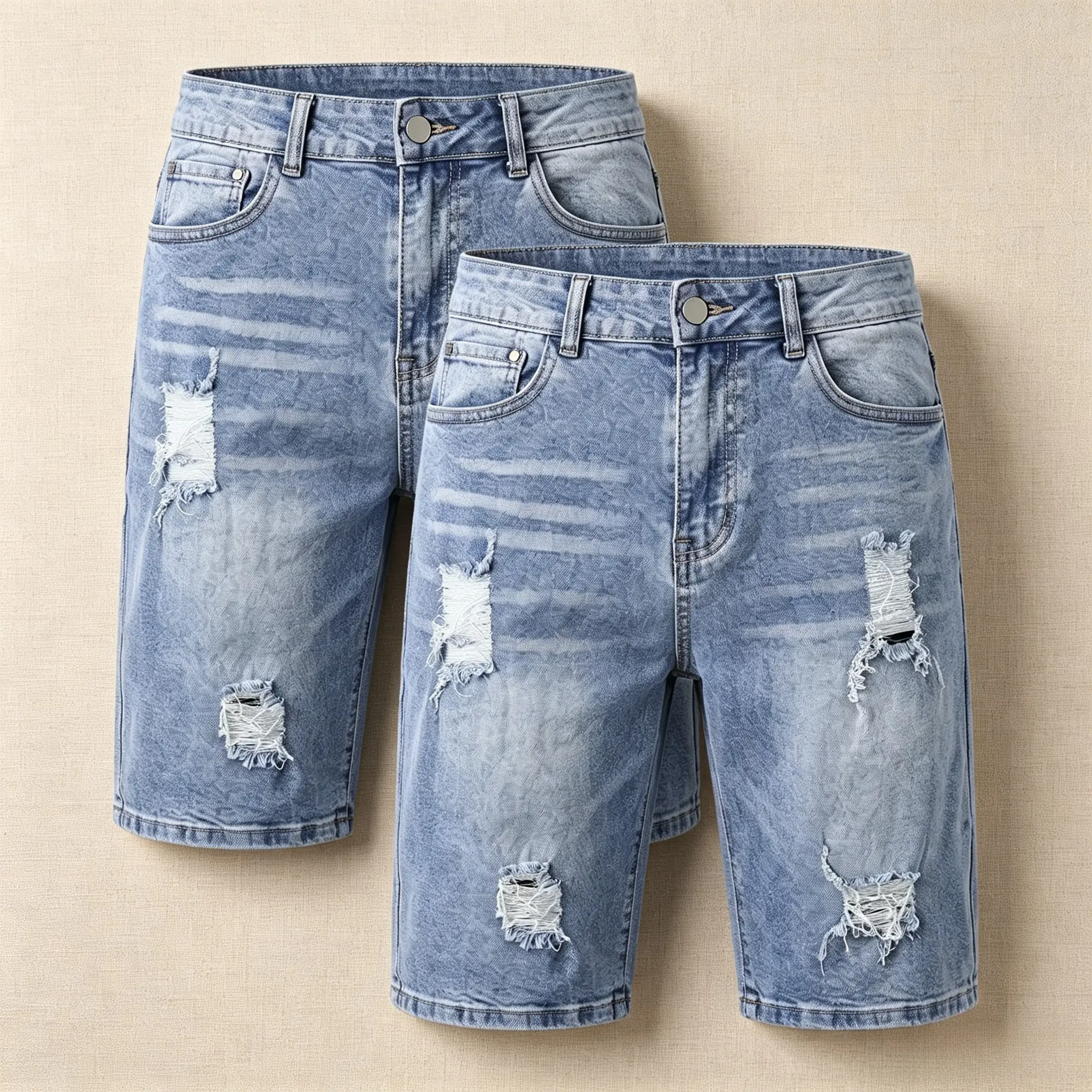 1/2 Pack Men's Faded Denim Shorts with Ripped Detailing and Distressed Finishing, Featuring a Vintage Streetwear Aesthetic with a Relaxed Cut for Everyday Warm-Weather Outfits and Easy Casual Styling.