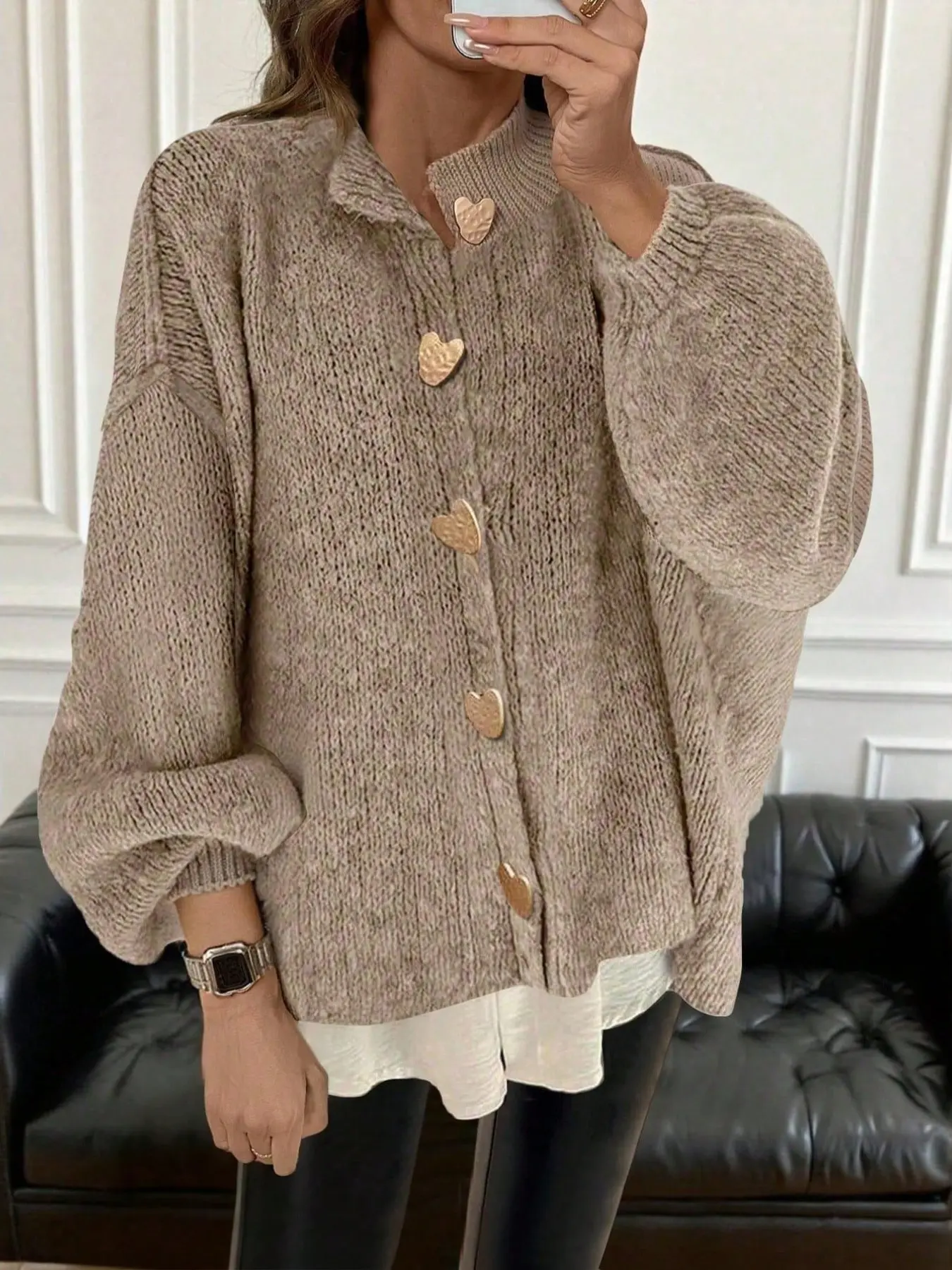 Plus Size Women's Cozy Knit Cardigan Sweater, Long Sleeve Heart Button Loose Fit Cardigan Top for Fall Winter, Casual Daily Wear, Office, Travel and Weekend Looks, Knitwear