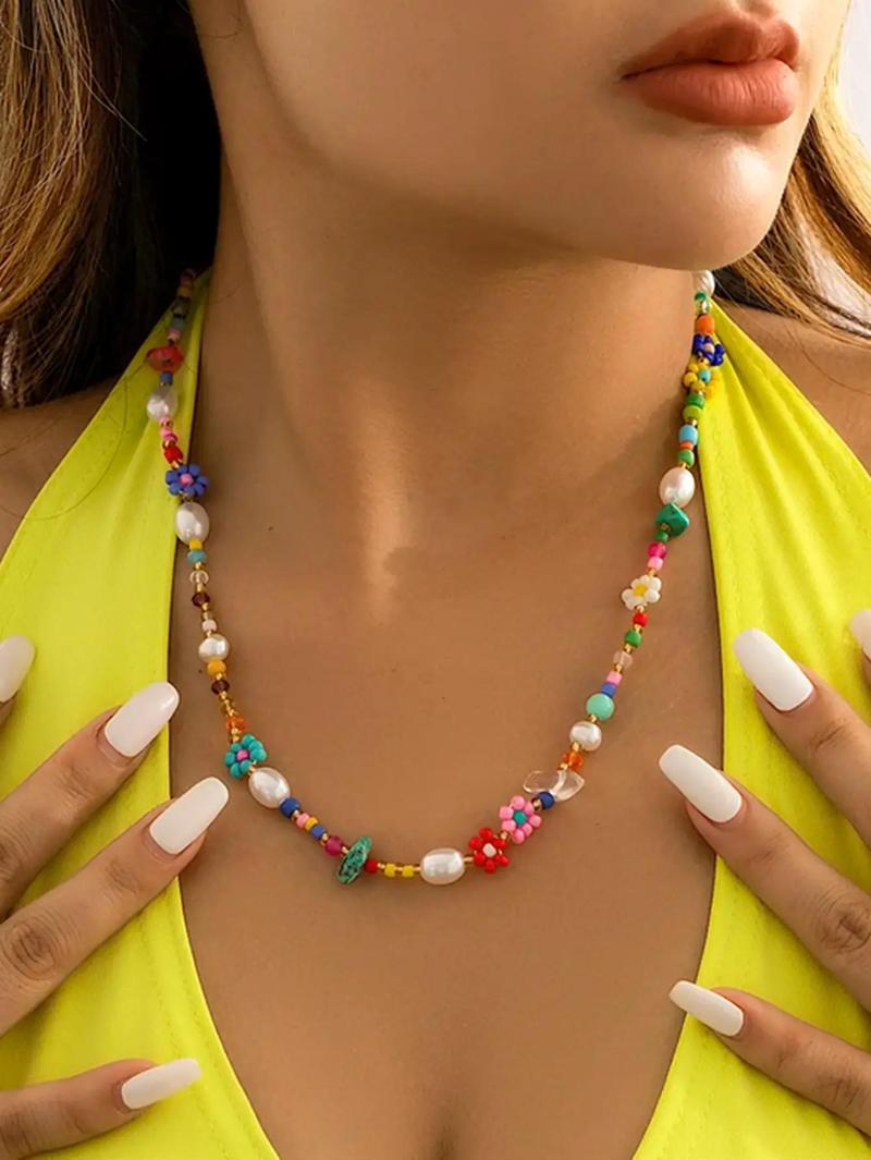 Floral & Faux Pearl Handmade Beaded Necklace