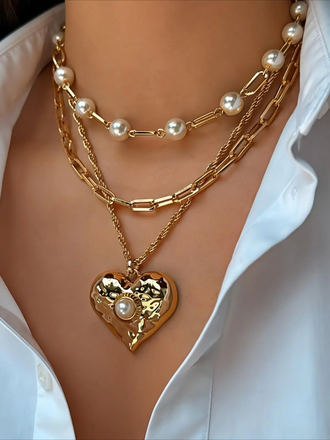 2Pcs Layered Heart Faux Pearl Necklace Set For Women, Gold Plated Alloy Multi Chain Two Piece Stackable Choker Dainty Layering Jewelry Daily Fashion Costume Jewelry