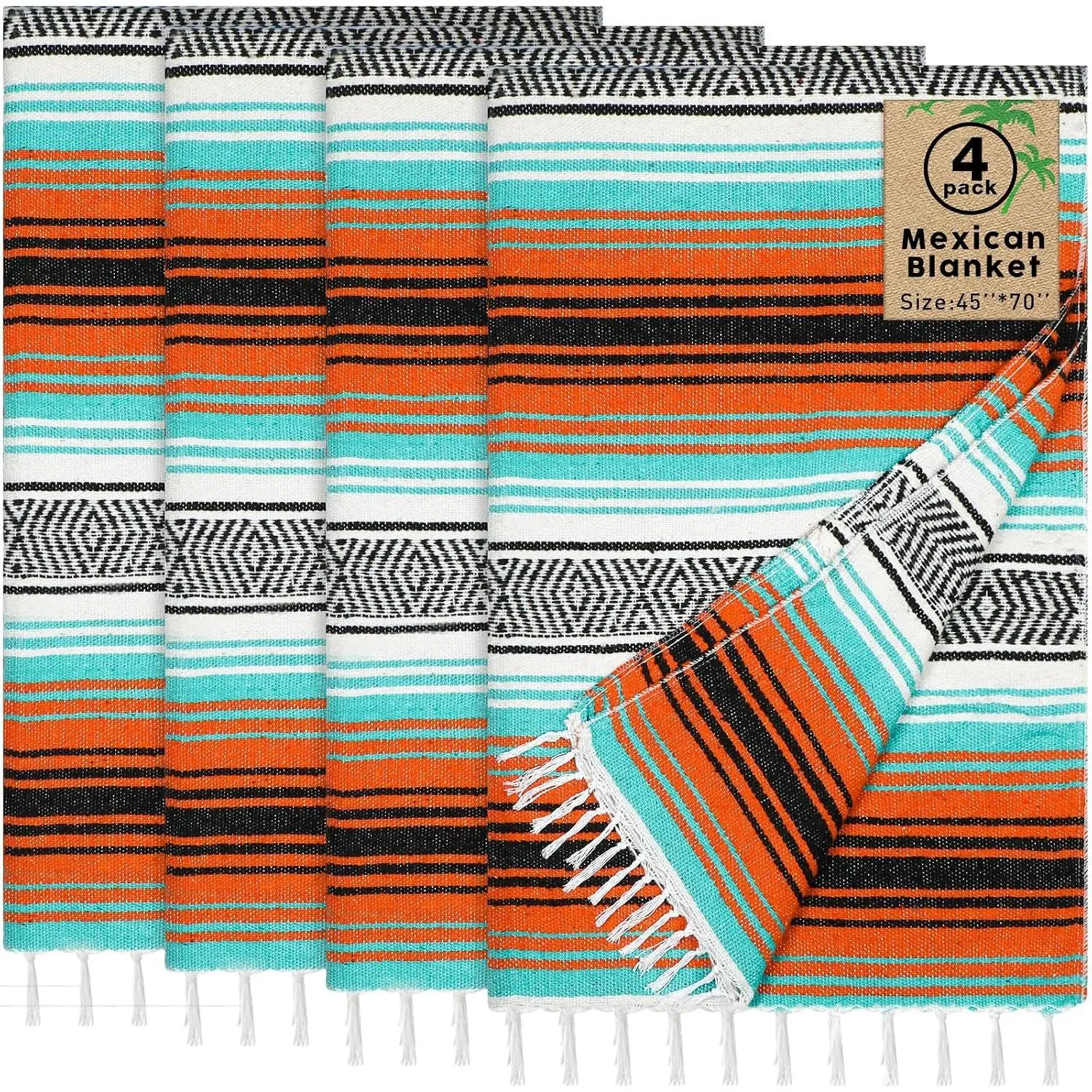 4 Pack Mexican Blankets 45 x 70 Inch Woven Serape Throw Blanket, Baja Yoga Blanket for Beach Picnic Camping Boho Couch Decor Travel Outdoor (Delicate Color)
