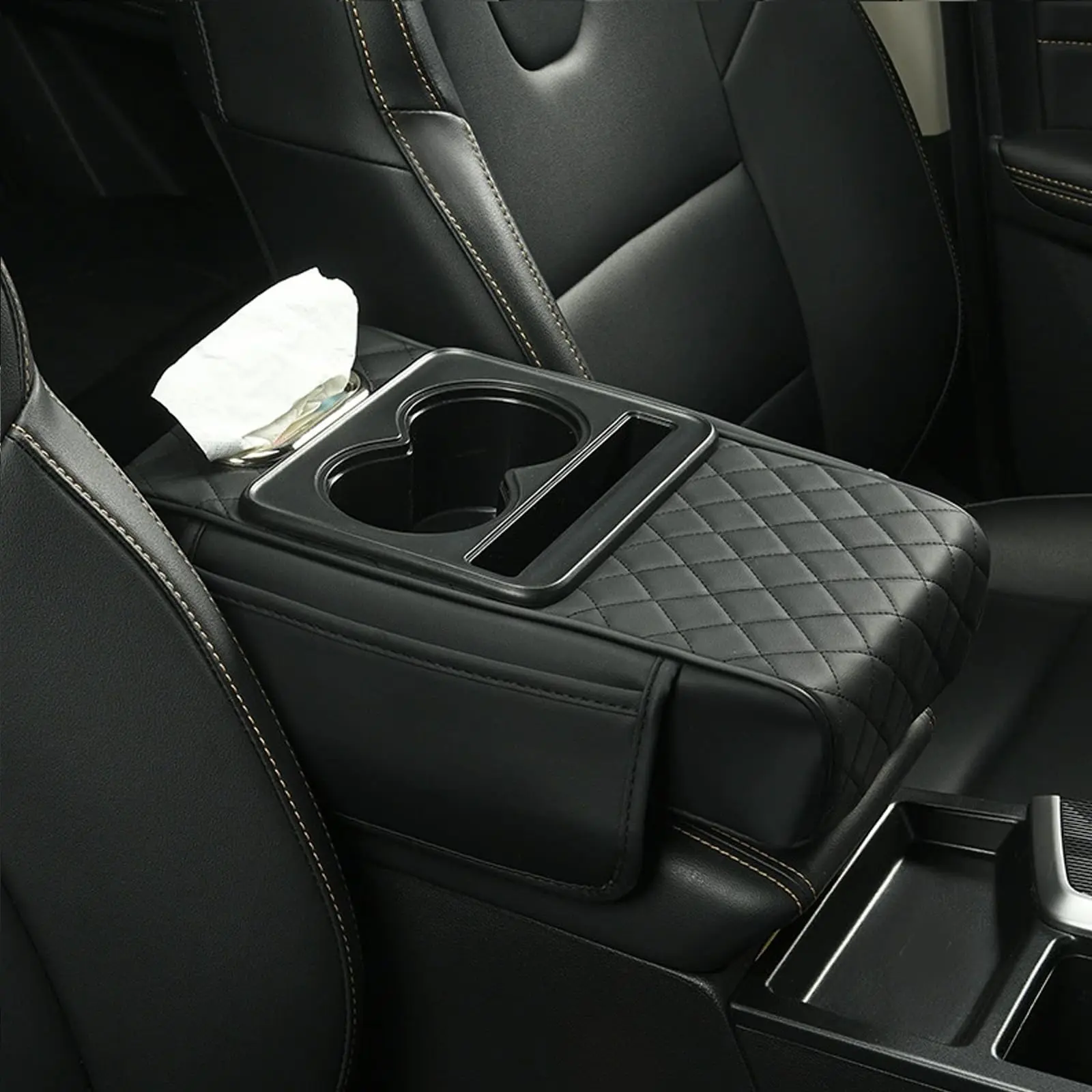 Car armrest storage bag, multi-functional 4-in-1 mat, suitable for car armrests, car storage bags, car center console organizers, and includes cup holders and phone holders, ideal for long-distance driving trips