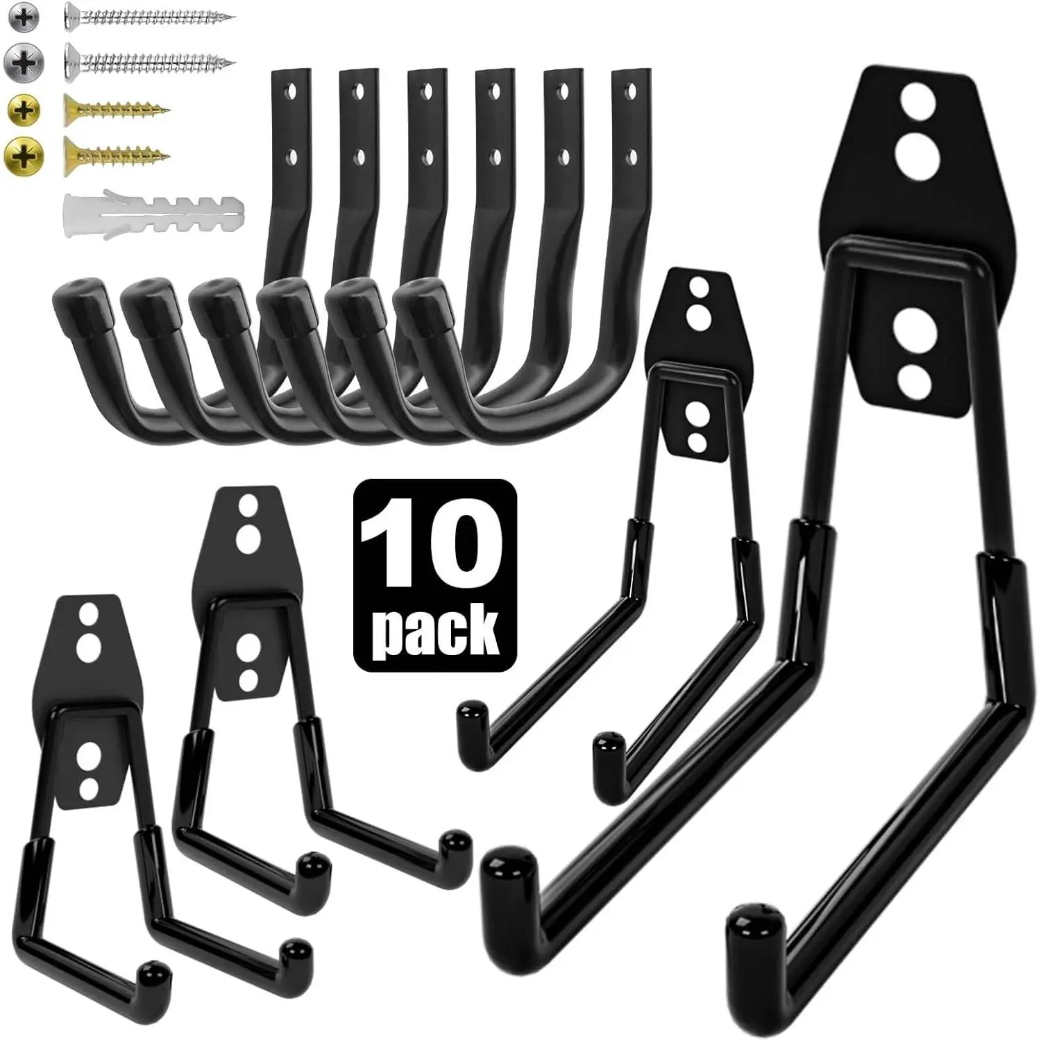 Heavy-Duty Steel Wall Garage Hooks - Anti-Slip Utility Storage Hangers with Mounting Hardware Kit, for Ladders, Bikes, Garden Tools, Coats, Bags - Black, 10 Pack