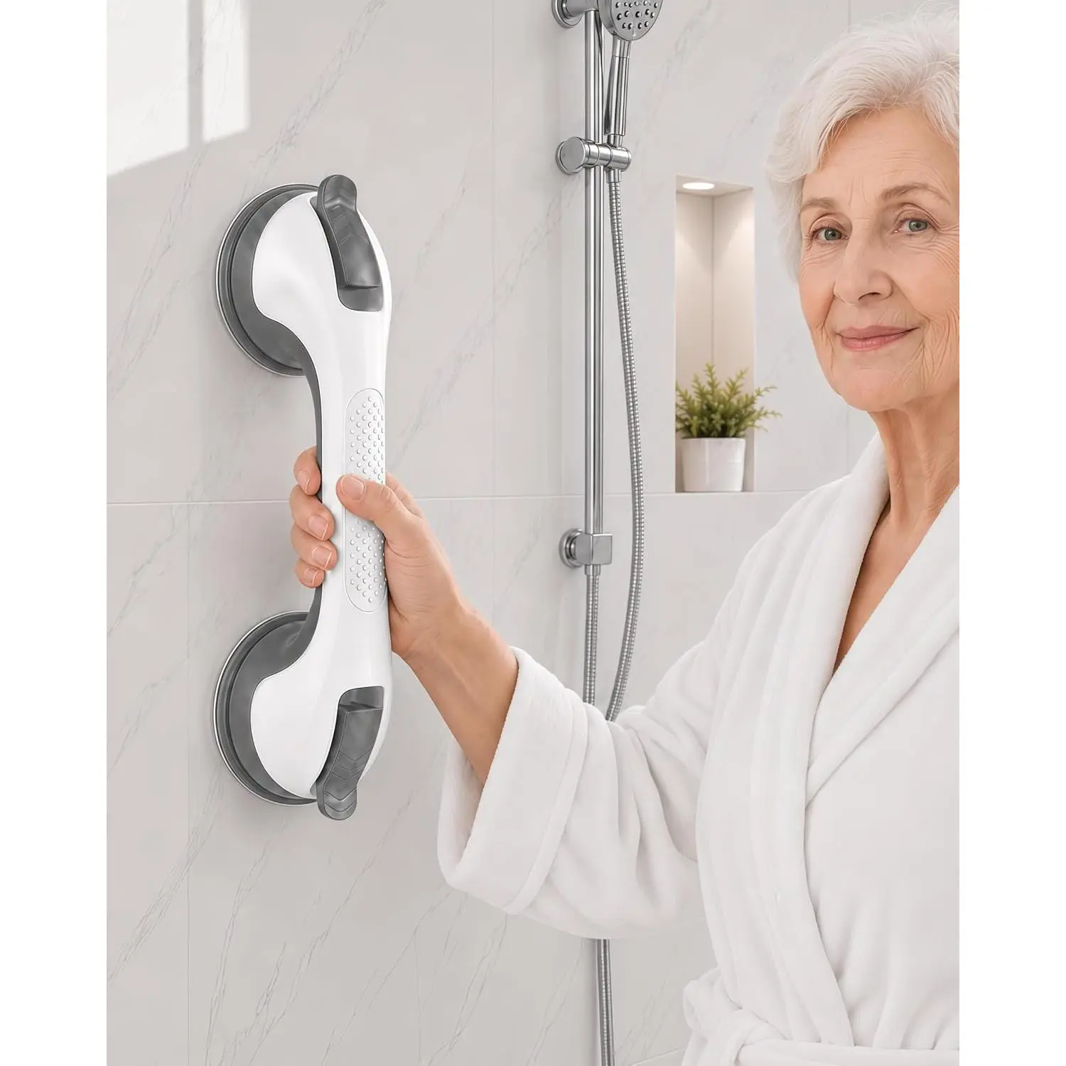 Suction Grab Bars for Shower, Gel-Enhanced Shower Handles for Seniors, Grey |   Enhanced Gel Suction, Tub/Shower Safety Support, Heavy Duty Grip Bar for Seniors&Elderly, No-Drill, Removable & Reusable