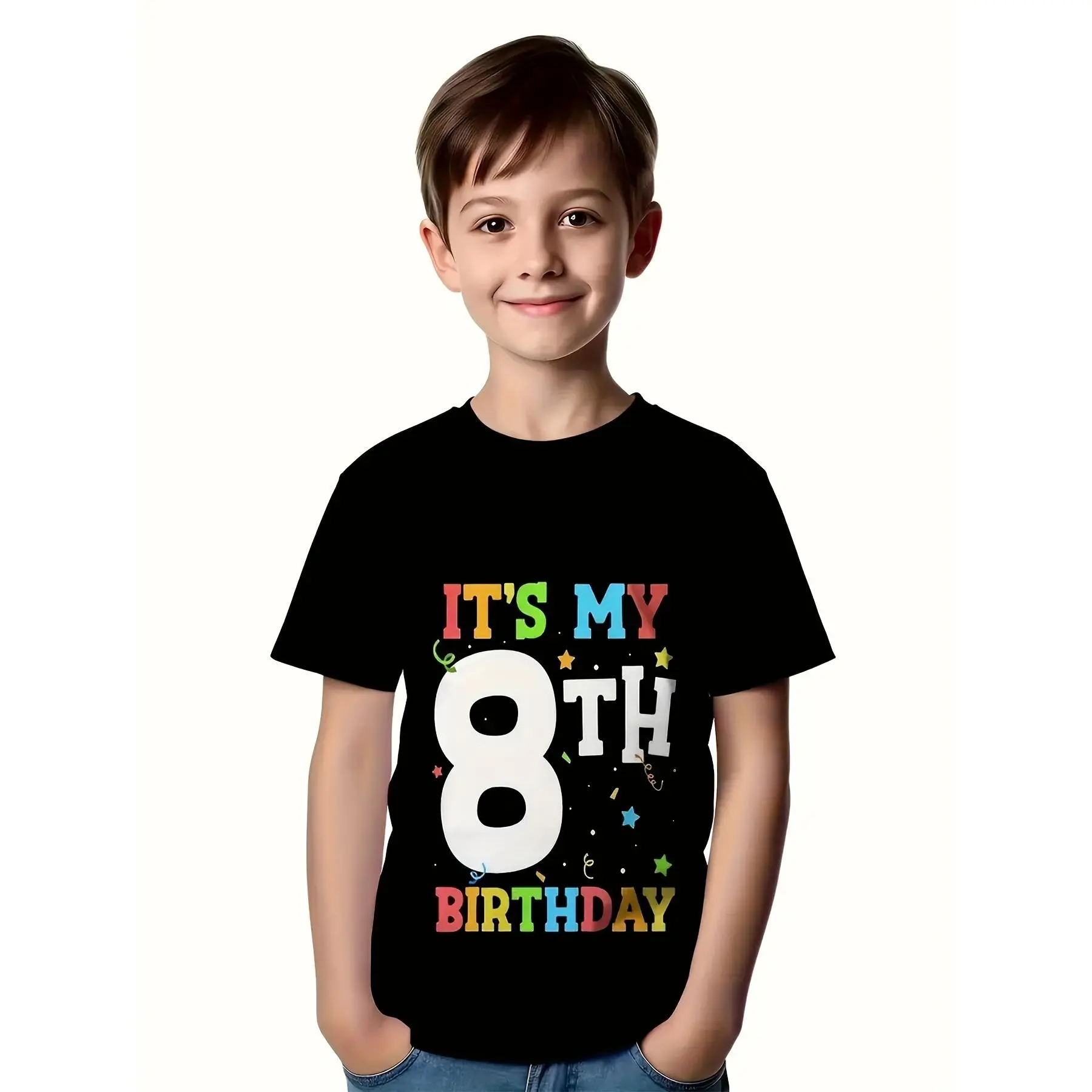 Kids' 3D Print Birthday Graphic Round Neck Short Sleeves Medium Length Soft Cotton Top - Slight Stretch Casual Lightweight Shirt for Boys/Girls (3Y-13Y) with "This Is My 8th Birthday" Design