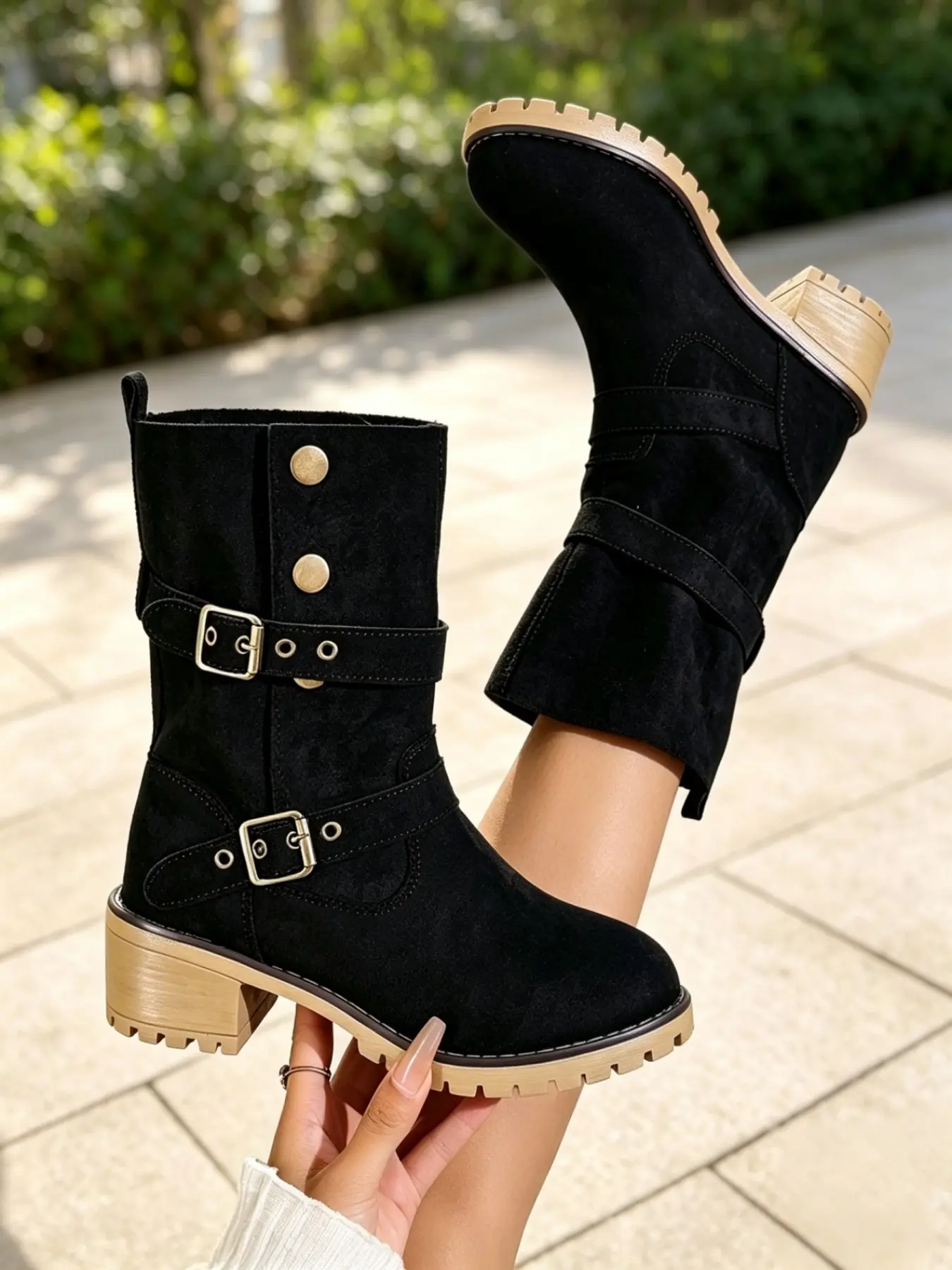 Trendy Ladies Vintage Western Mid Calf Boots, Convertible Roll-Down Shaft Double Adjustable Gold Buckle Bands Soft Round Toe Light Block Heel Daily Walking Boots