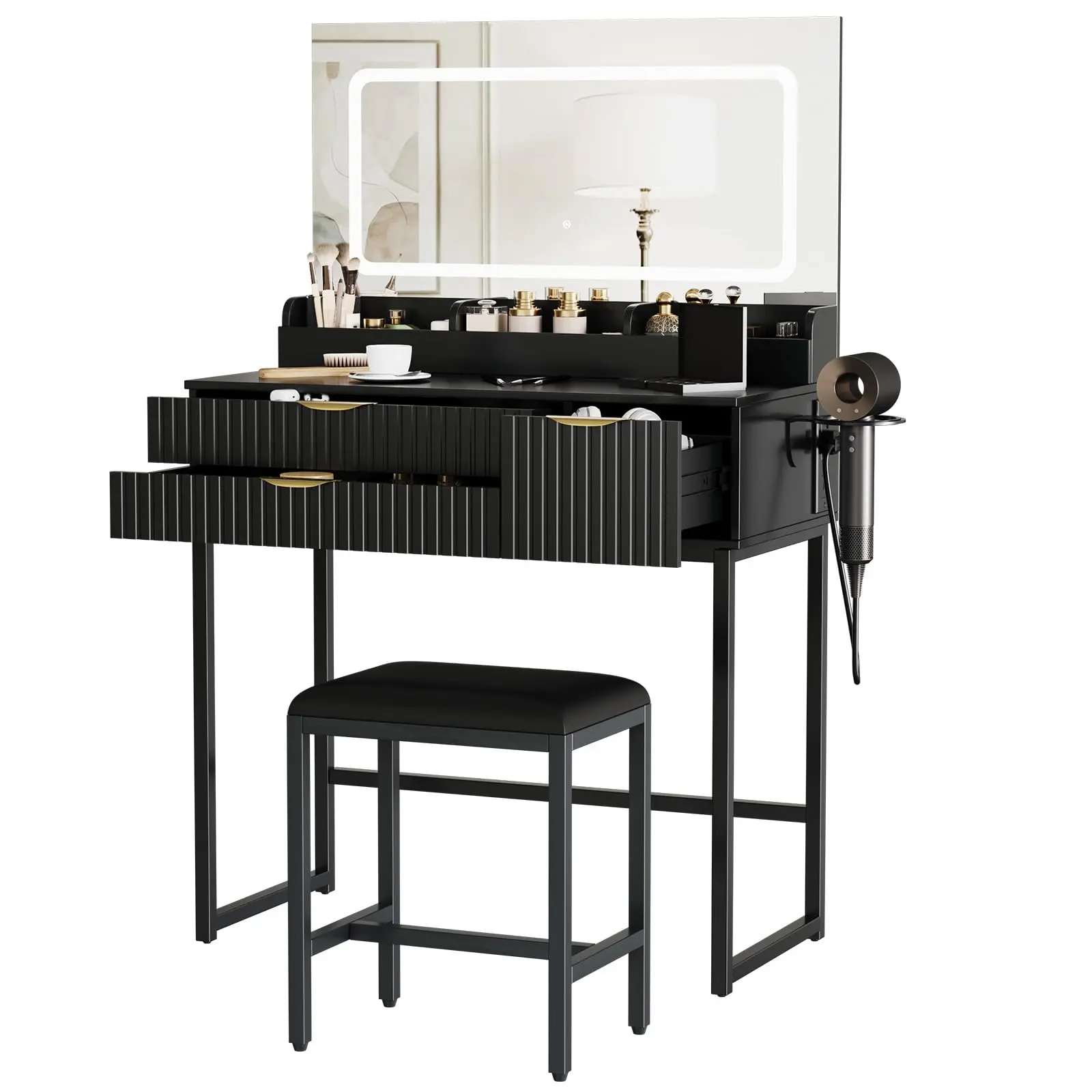 31" Glass Top Vanity Desk with Lighted Mirror & Power Outlet, Natural Wood, 3-Color LED, 3 Drawers, Tray Organizer & Hair Dryer Holder