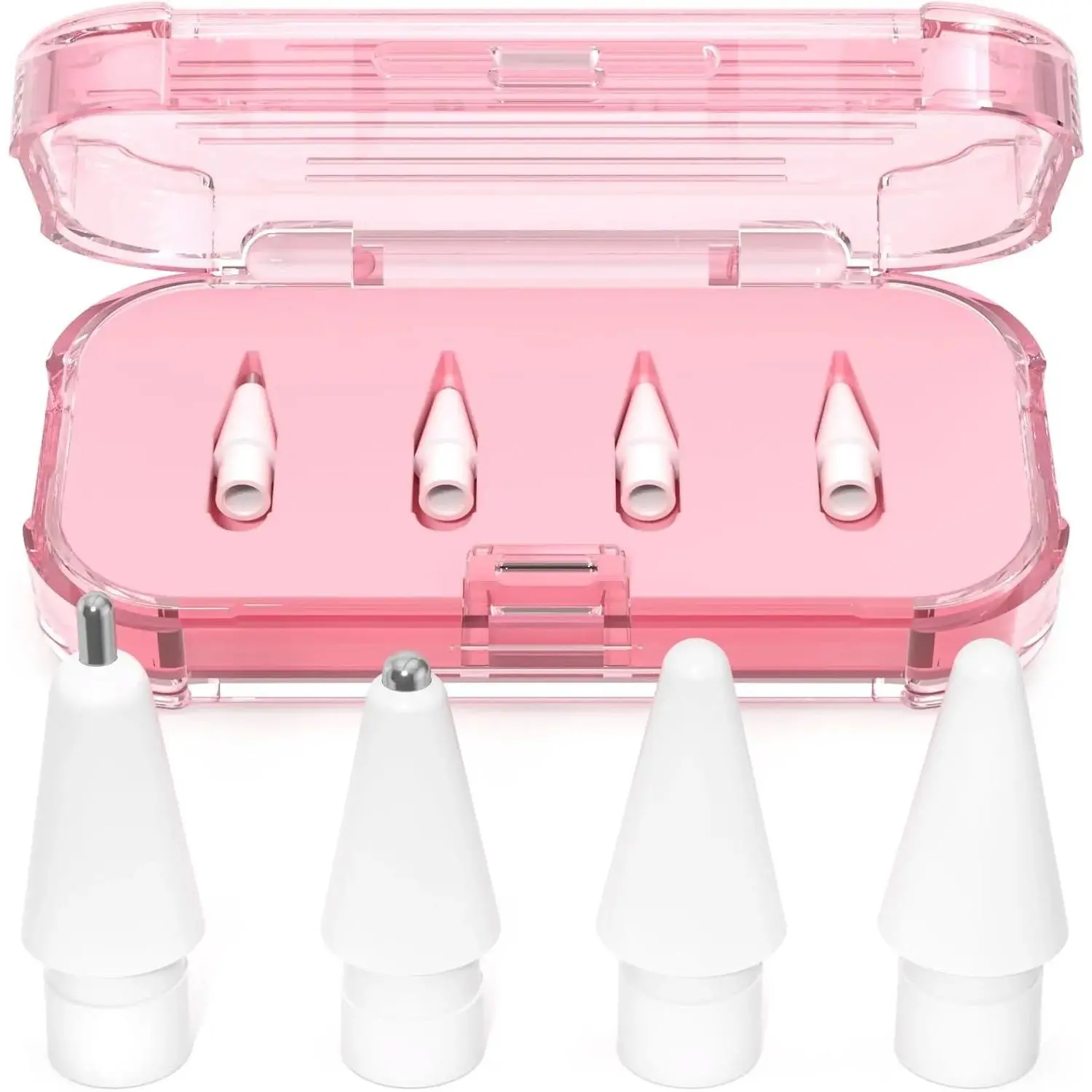Upgraded Replacement Tips for Apple Pencil Pro/USB-C/2nd Gen/1st Gen Tips （with Storage Box） Mix Metal wear-Resistant Replacement Pencil Tips for iPad Pencil Accessories-4 Pack(Pink)