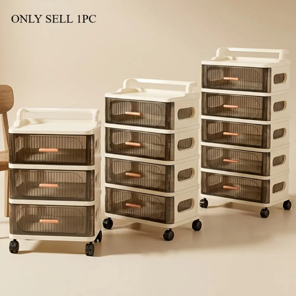 Transparent belt-wheel drawer storage cart, 3/4/5-tier plastic stackable storage organizer, multi-functional drawer cabinet under the table, rolling mobile drawers, suitable for mobile storage in offices, bedrooms, living rooms, and kitchens