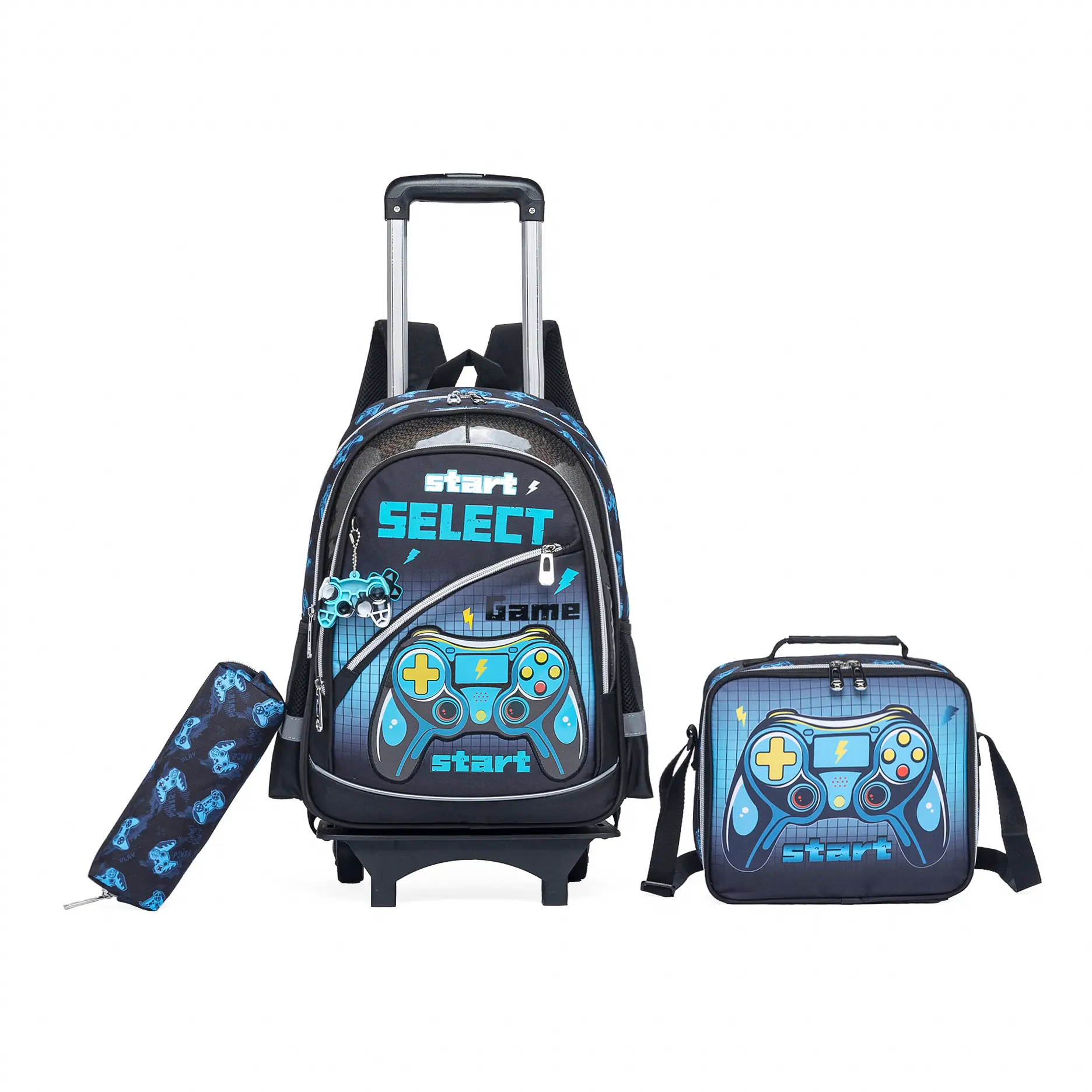 Boys' 3-Piece Lightweight Polyester Gamer Rolling Backpack Set with Wheels, Cool Video Game Controller Schoolbag, Insulated Lunch Box, Pencil Case, Preppy Look Safe Fabric Cyber Trolley Bookbag, School Travel