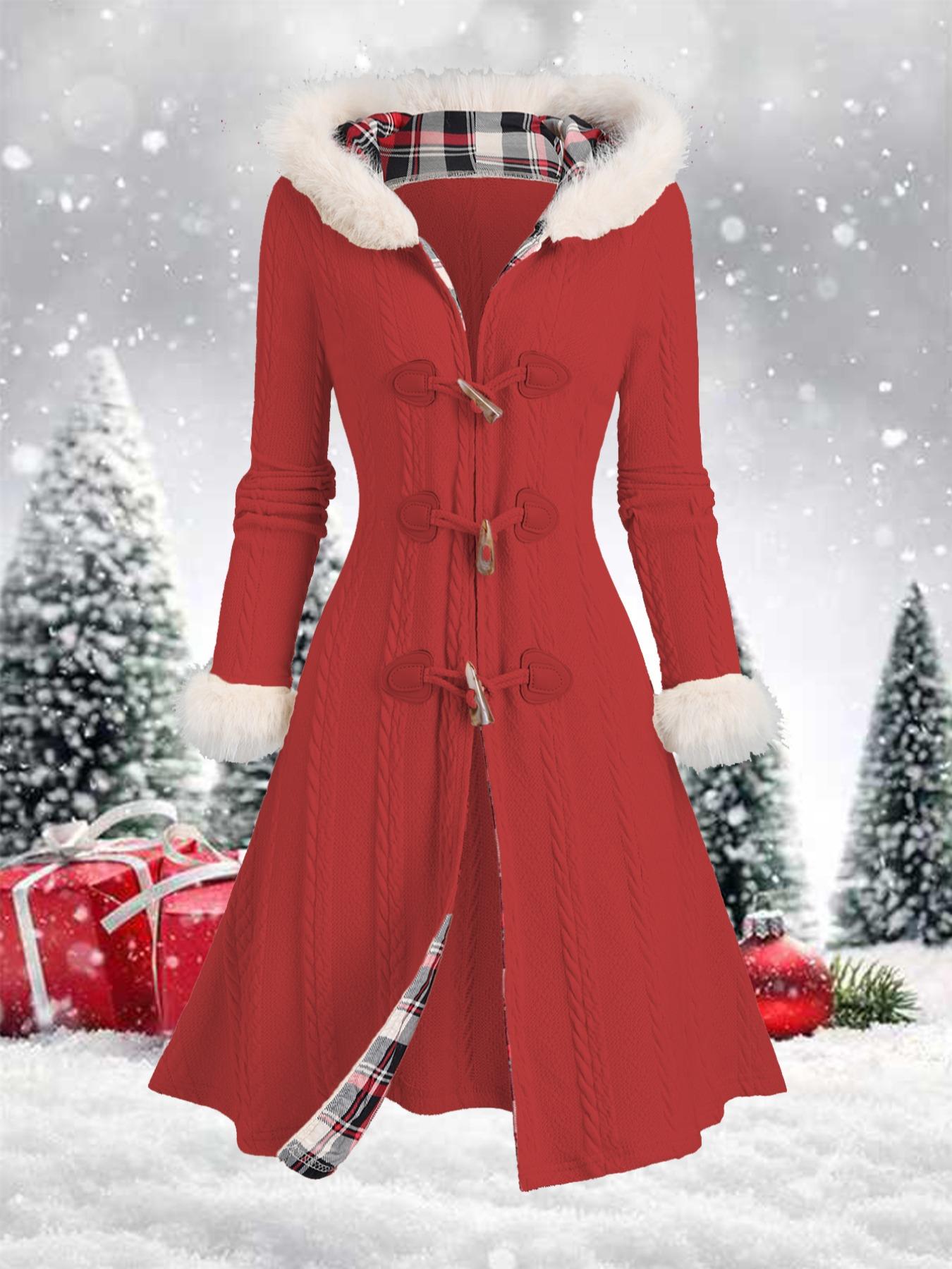 Women's Plain Contrast Faux Fur Trim Button Front Hooded Jacket Coats, Casual Long Sleeve Outerwear for Fall & Winter, Ladies Clothes for Daily Wear