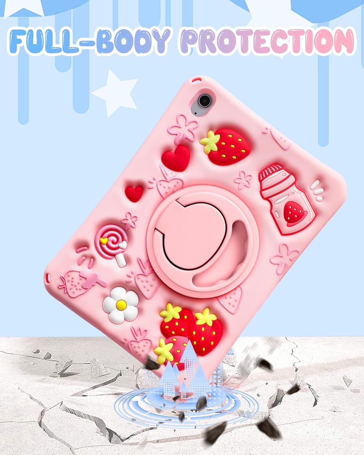 STANDARD GOODS 3C9-PCS003  for iPad A16 Case/10th Generation Case - for Girls Teens Strawberry Soft Silicone Cute with Shoulder Strap & Rotating Stand for iPad 11th Generation Case 11 Inch 2025