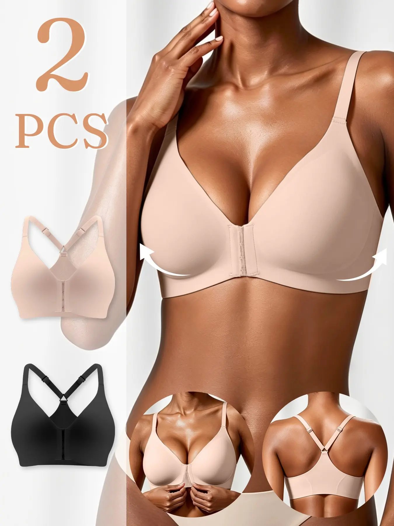 1/2 Pack Front Closure Bras for Women Racerback jelly Bra No Underwire Seamless Push Up T-Shirts Bras Supportive Womens Bralettes Smooth Non Wired Bra