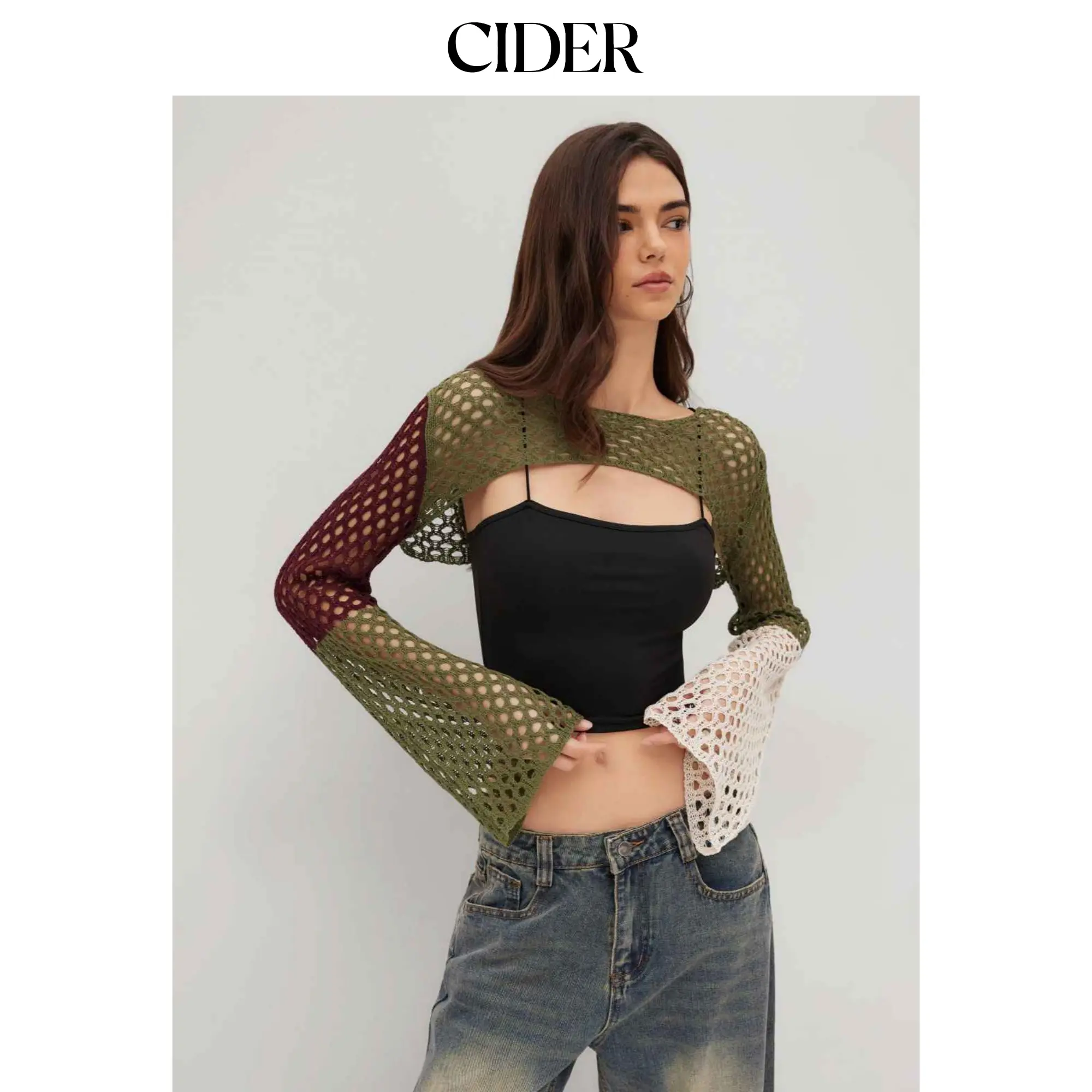 Cider Knit Hollow Out Colorblock Crop Shrug SohoChic