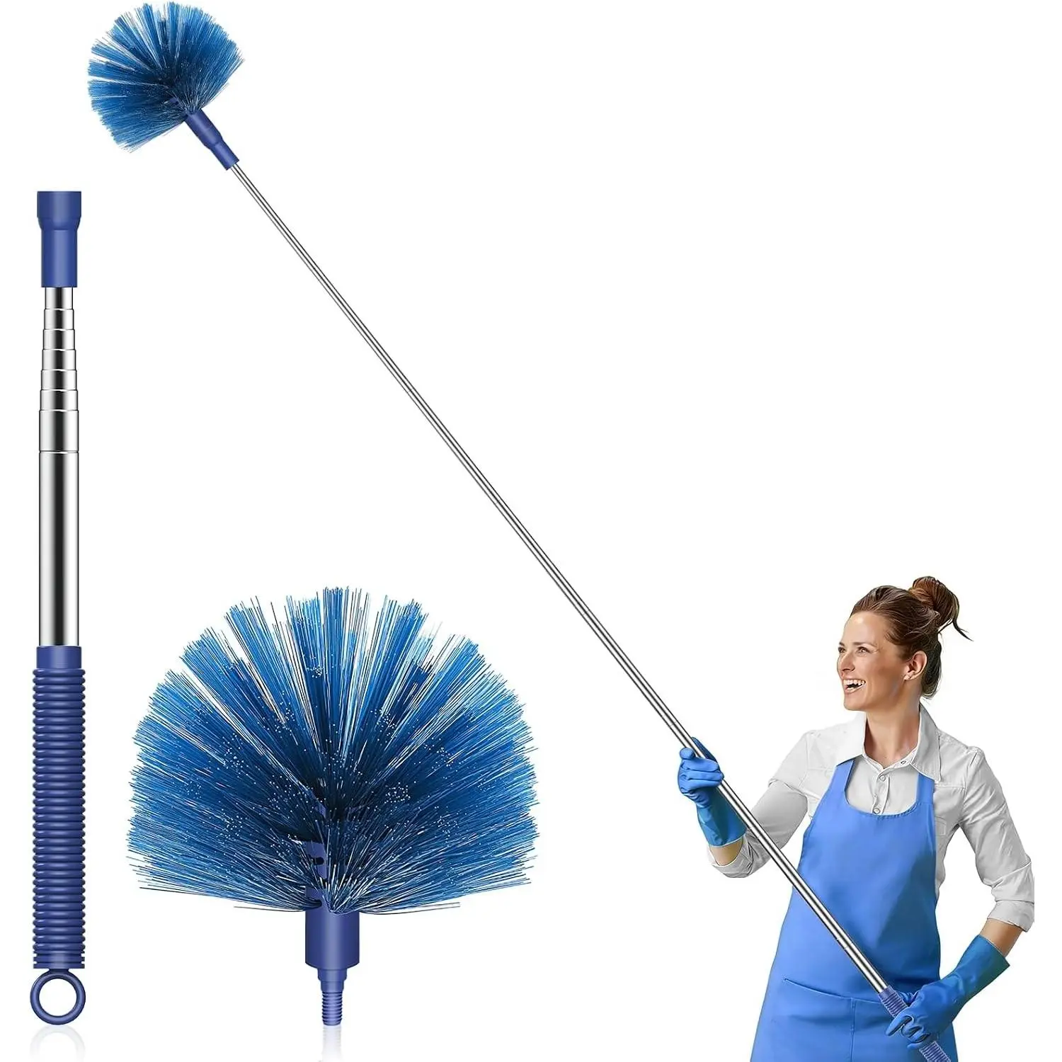 Household Plastic & Silicone Extendable Cobweb Duster Cleaning Tool, 90-in Retractable Handle, Blue Spider Web Brush for Ceiling Fan, High Ceilings (Indoor/Outdoor Use)