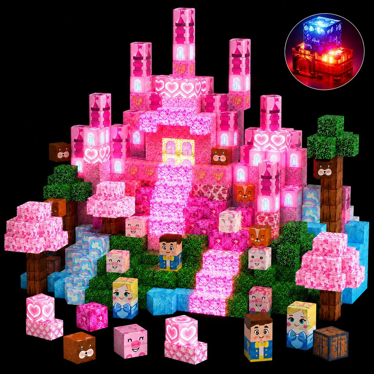 100pcs/150pcs/200pcs Light Up Magnetic Cube Building Blocks, Princess Castle Set, 2cm Stem Toys for Kids, Birthday Gift
