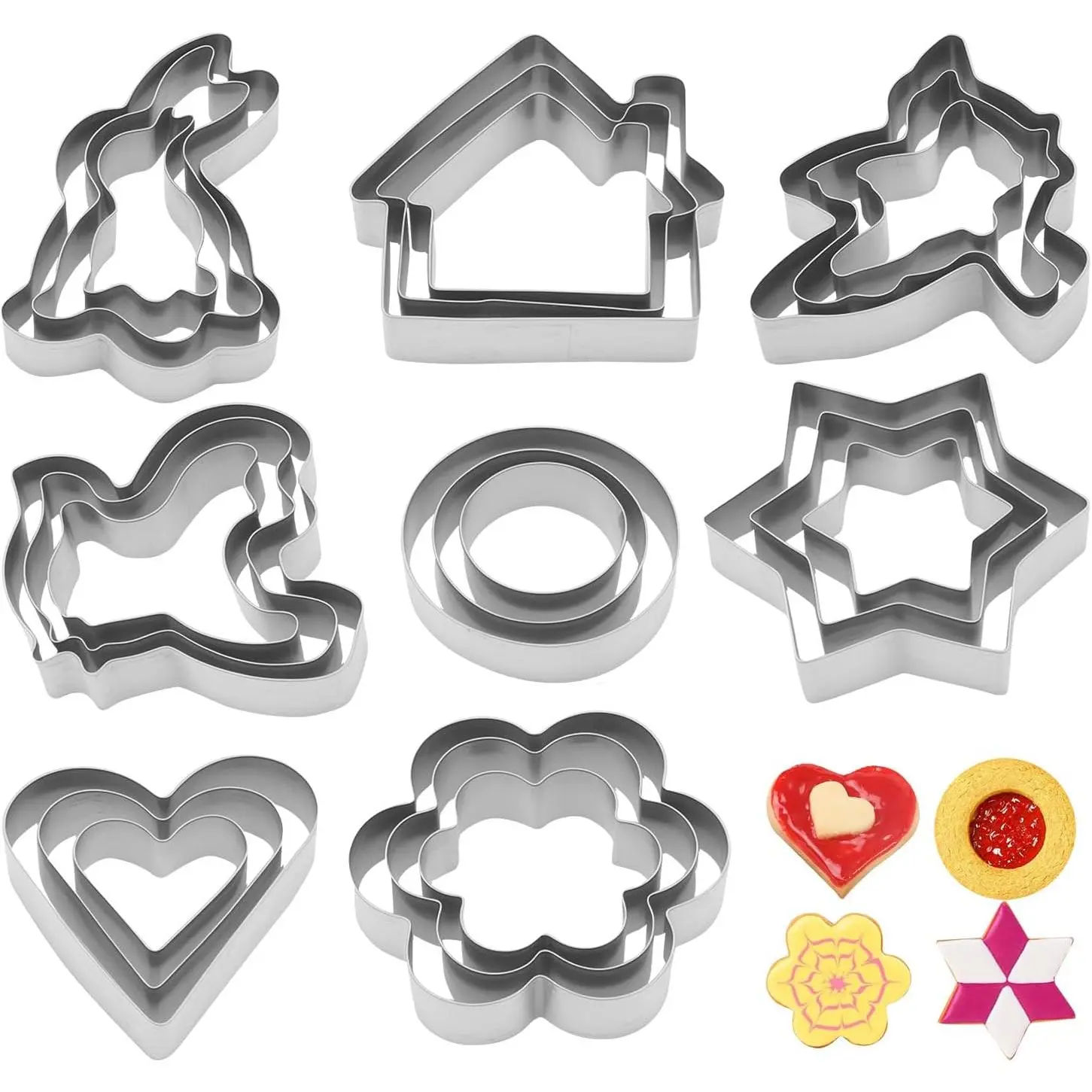 24 count Metal Cookie Cutters Set - 8 Shapes (Round, Heart, , Flower, House) Stainless Steel Baking Tools for Cookies, Biscuits, DIY Crafts, Holiday Decorations