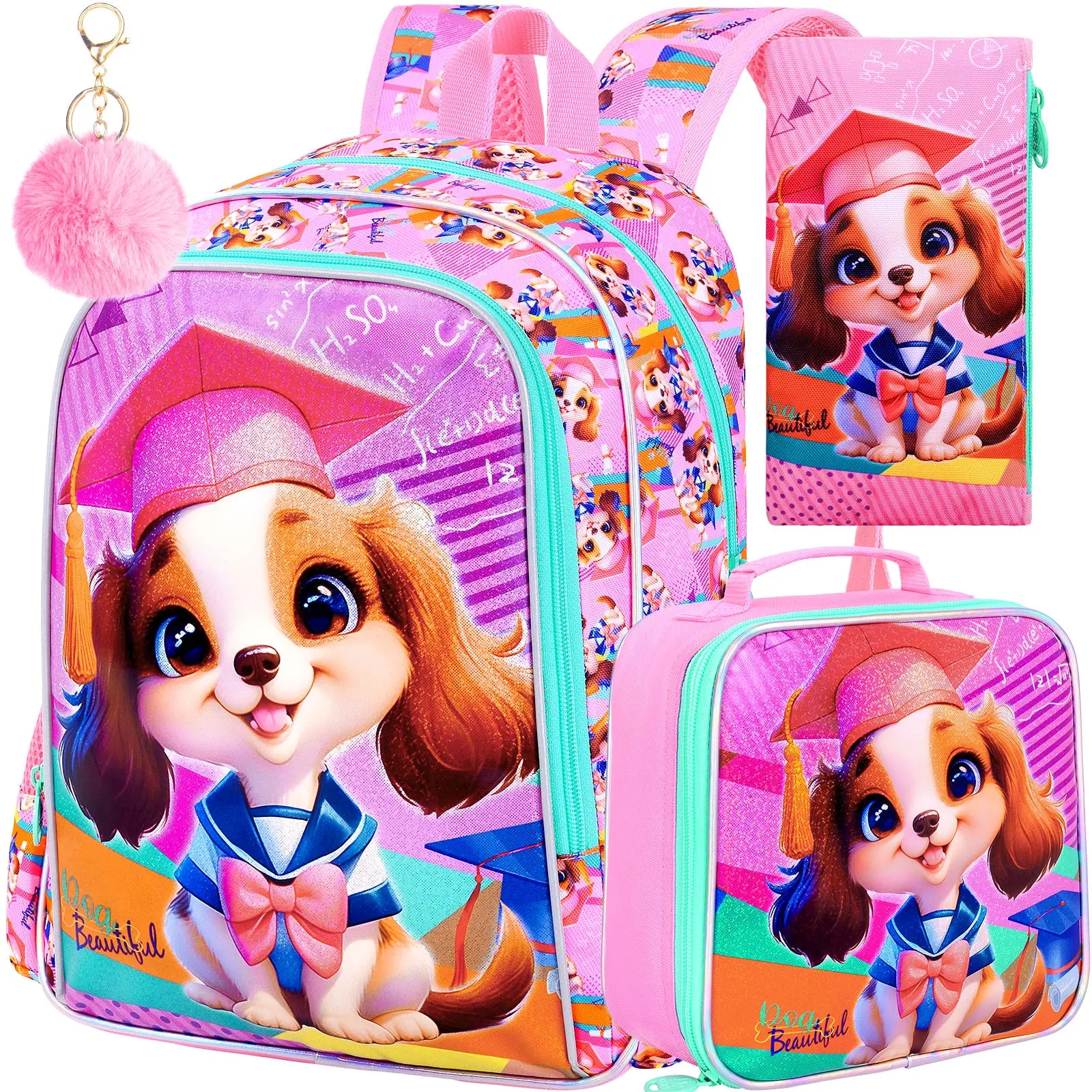 3PCS Dog Backpack for Girls, 16" Kids Backpacks with Lunch Box, Reflective Bookbag for Elementary Preschool