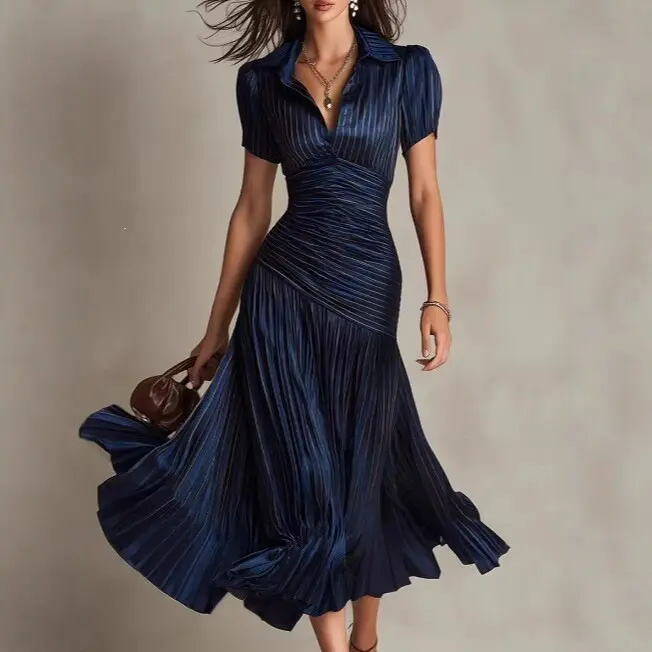 Women's Retro Striped Satin Pleated Tight Dress - Polyester, Midi Length, Solid Colors, Casual Outfits for Women, European & American Hot New Style