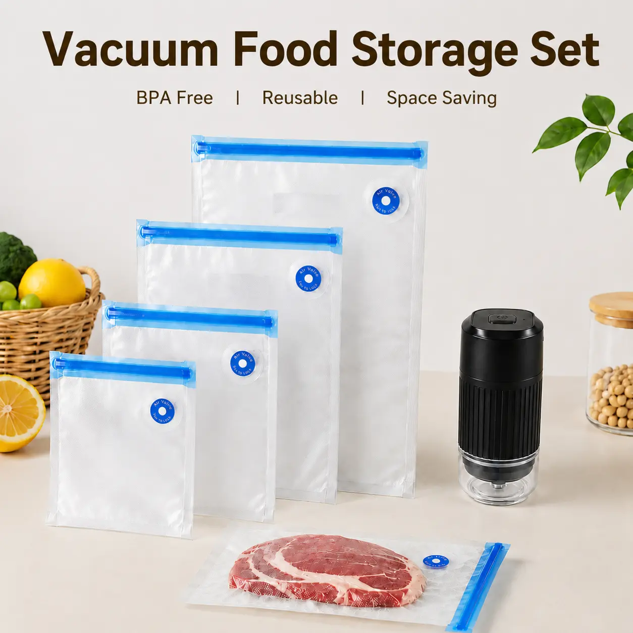 Reusable Vacuum Sealed Bags with Electric Vacuum Pump - 12 Bag+Pump Set, Eco-Friendly Airtight Leakproof Freezeable Food Sealer Storage Bags for Kitchen Freezer, Meal Prep