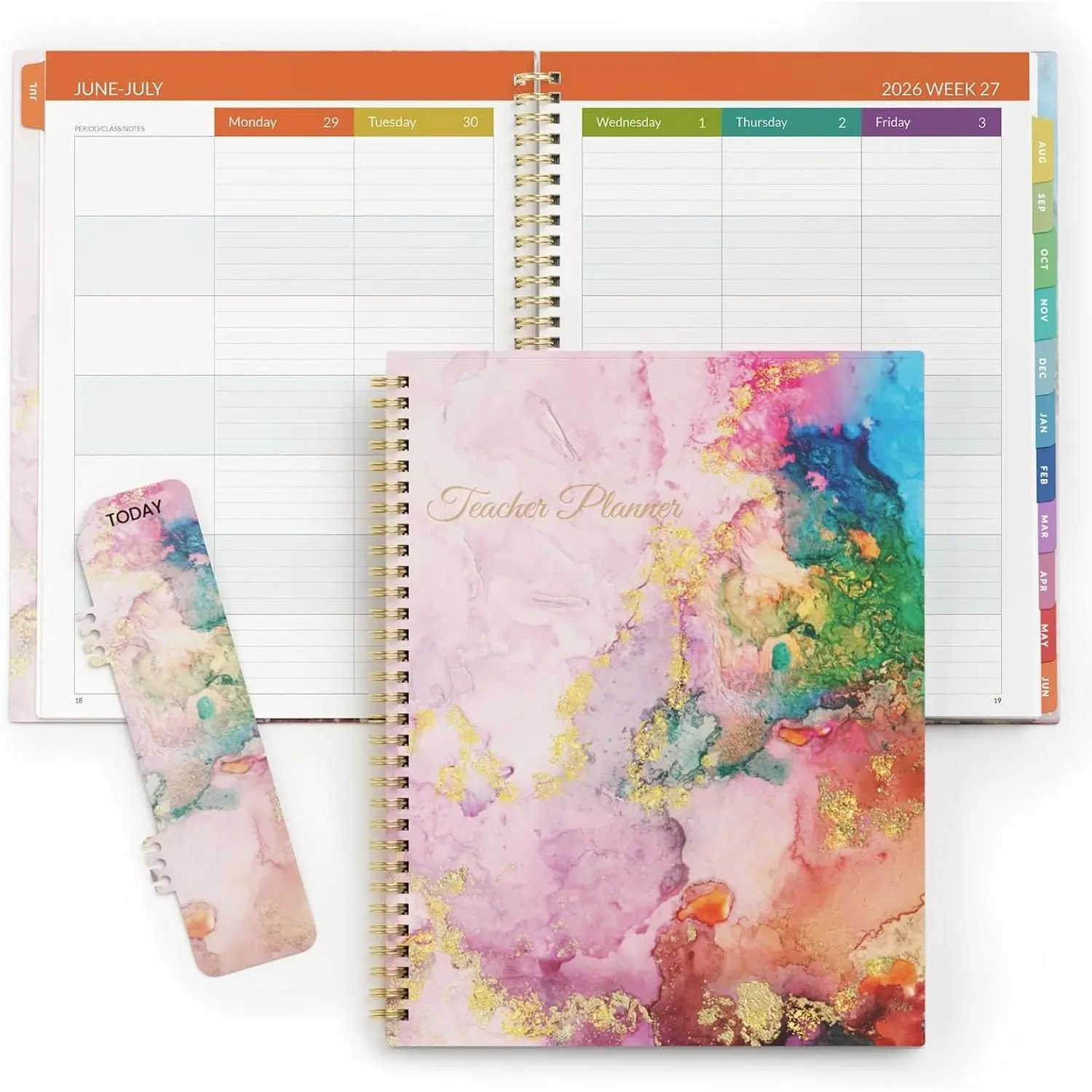 Teacher Planner 2026-2027 Academic Year, 7 Periods Lesson Plan Book Jul 2026 - Jun 2027, 8.5"x11" Weekly Vertical Layout Monthly Organizers with Calendars, Bookmark,  Cover, Marble