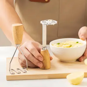 2pcs Creative Stand-Up Wooden Handle Multi-Function Stainless Steel Potato Masher, Manual Easy-Press Fruit and Vegetable Crusher, Lemon Juicer - Efficient and Easy to Clean, Kitchen Vegetable Masher with Non-Slip Handle, Space-Saving and Durable