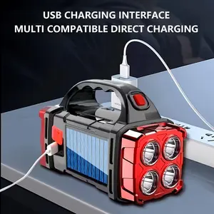 Solar Rechargeable Flashlight & Lantern with Phone Charger, 4-Head Super Bright, USB/Solar Dual Charging, Multi-Mode Emergency Light for Camping, Hurricane, Power Outage, Hiking, Fishing, Dog Walking, Outdoor & More