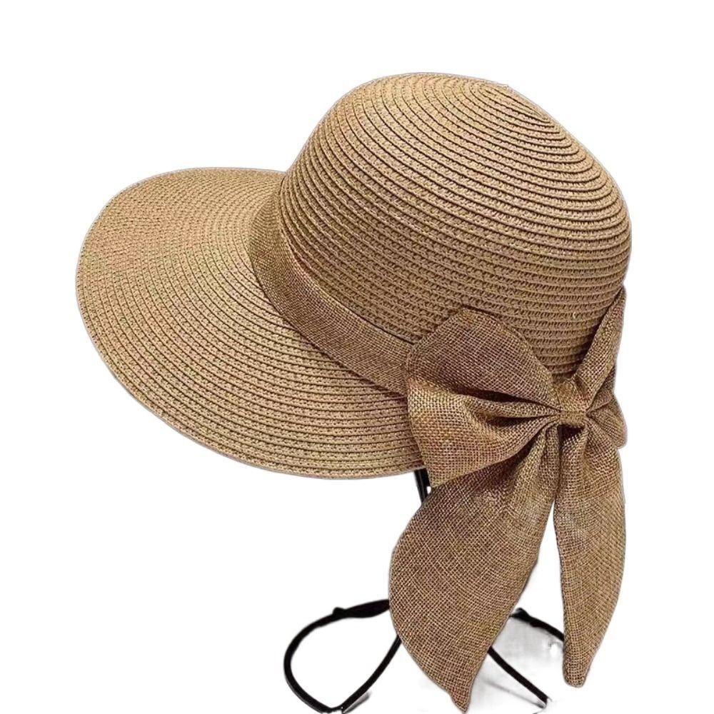 Summer UV Protection Sun Hat Wide Brim Breathable Beach Cap Bowknot Casual Straw Hat for Women