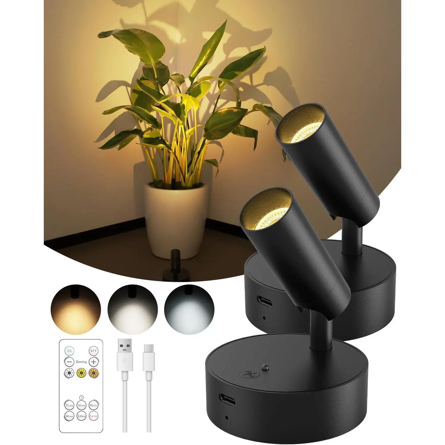 2-Pack LED Rechargeable Battery Spotlights with Wall Mount, Remote Control, 3000mAh Batteries, USB-C Charging, Wireless Uplighting, 3 Colors, Dimmable Button, 35 Hours White Light for Paintings Accent Lighting