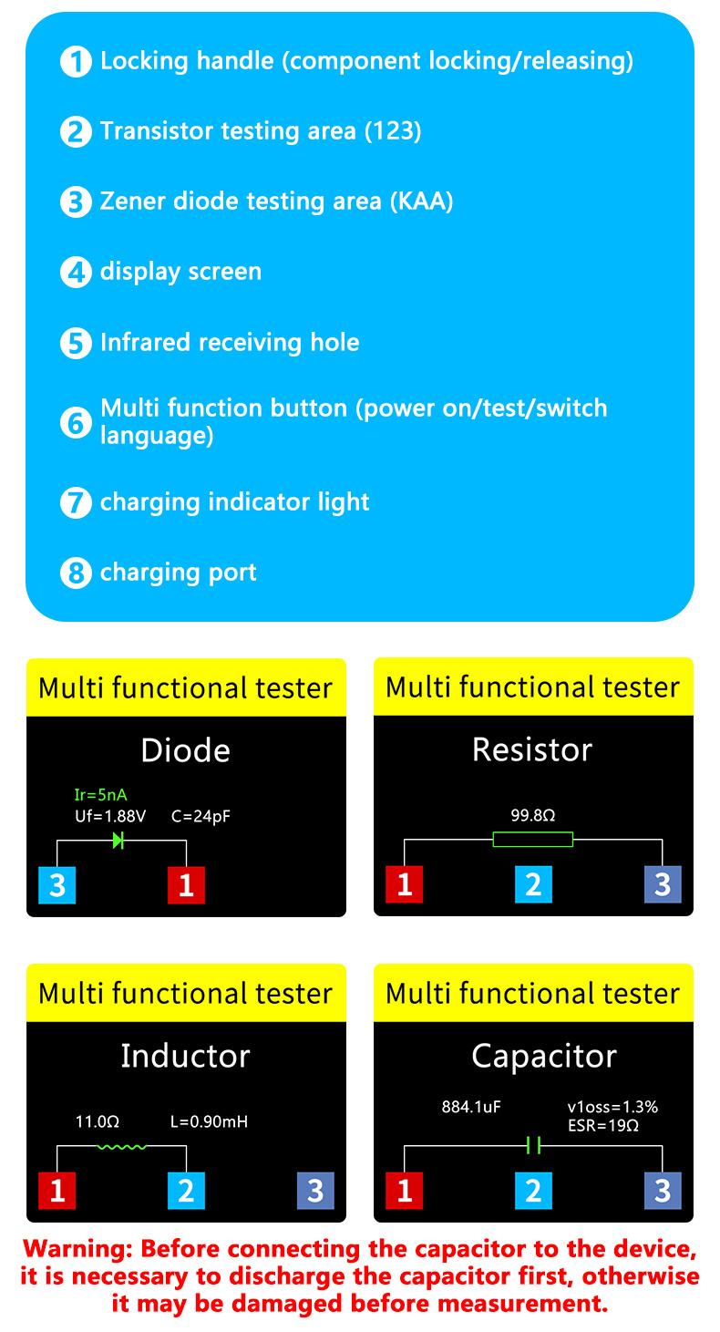Transistor tester with true-color screen, one-button testing of MOS, diodes, capacitors, and ESR; multi-functional multimeter. A must-have tool for electronics engineers.