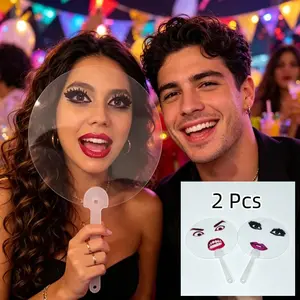 2 Pcs unique Festival party supplies - transparent fans, including masks with expressions of smiling lips and grinning faces, popular photo props, exclusive gifts for summer Festival parties