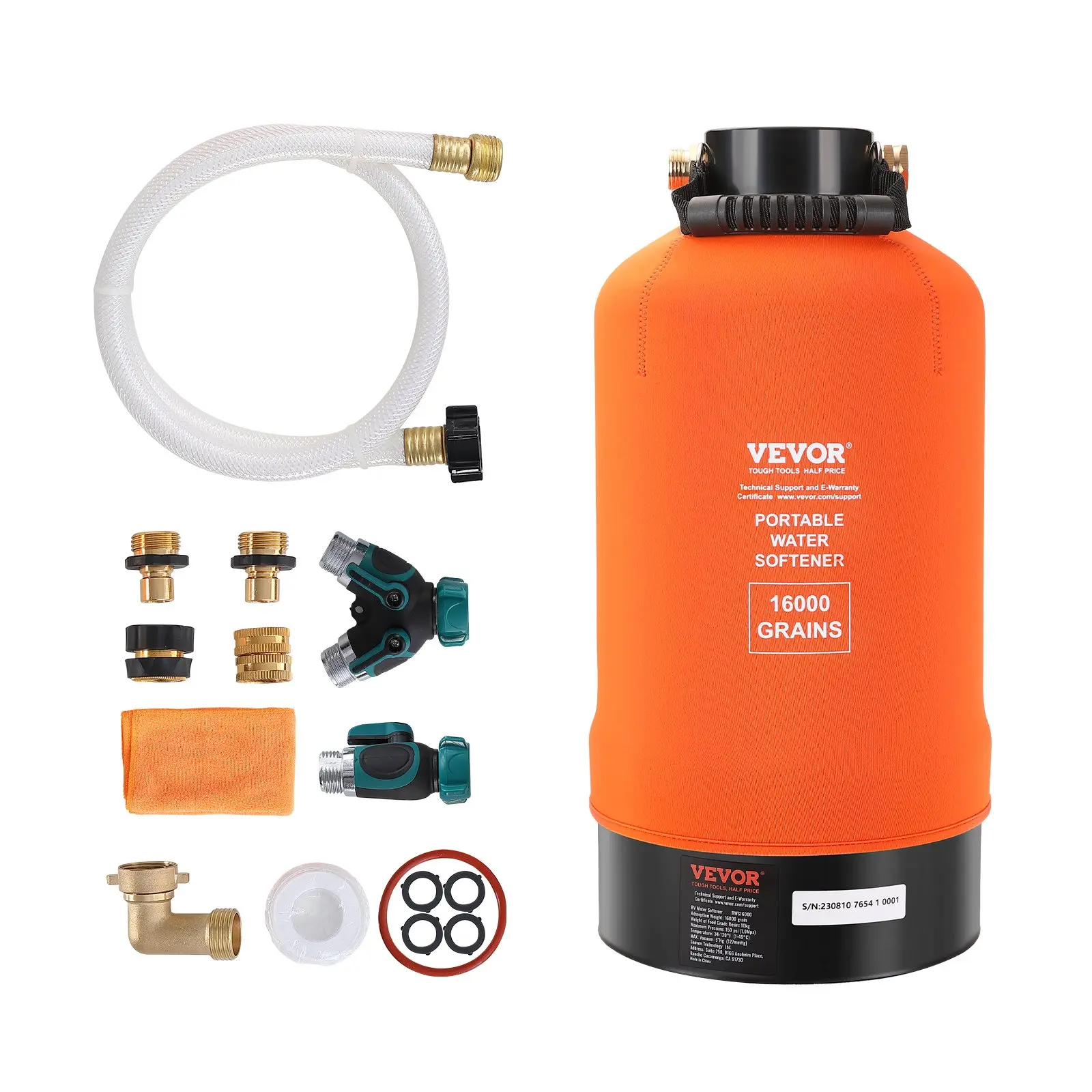 【Summerfinds】VEVOR RV Water Softener, 16,000 Grain Portable Water Softener, with 3/4" Brass Fittings and 42" Hose, Soften Hard Water Filter System for RVs, Trailers, Boats, Mobile Car Washing, Pressure Washing