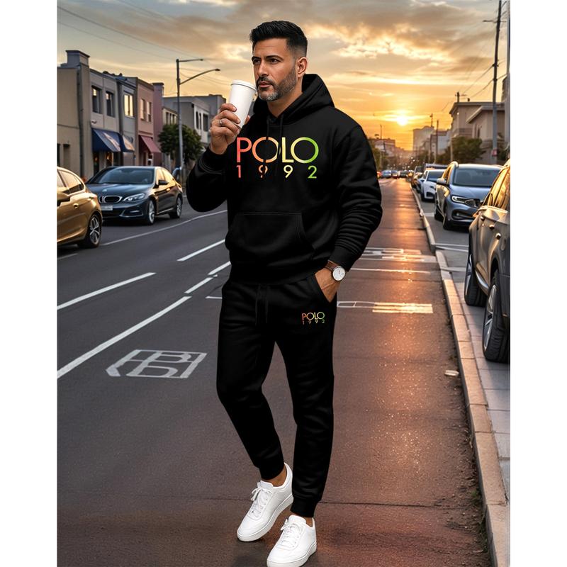 Men's Polo Pattern Print Hoodie and Drawstring Sweatpants Set, Menswear, Casual Athletic Long Sleeve Hooded Jacket & Trousers for Fall & Winter, Men's Clothing for Daily Wear, Sportswear Indoor Outdoor, Tracksuit, Athleisure