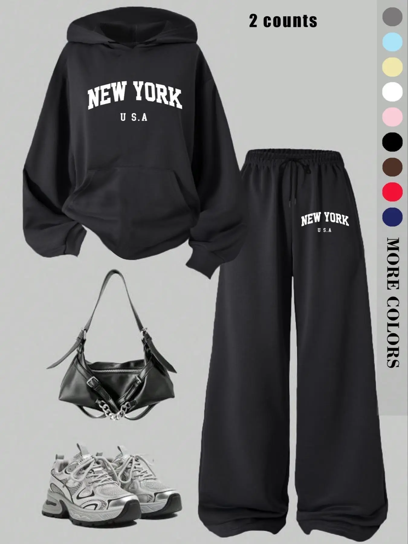 Autumn Winter Hooded Fleece Sweatshirt, New York Usa Print, Loose-Fit Long Sleeve, Drawstring Pants with Pockets, Casual Sports Set