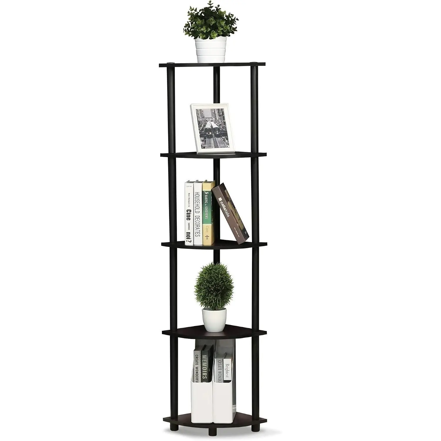 TURN-N-TUBE Corner Shelf, 5-Tier Corner Bookshelf, Open Storage Shelves, for Organization and Storage, Living Room, Home Office, Garage, Bedroom, Dark Walnut