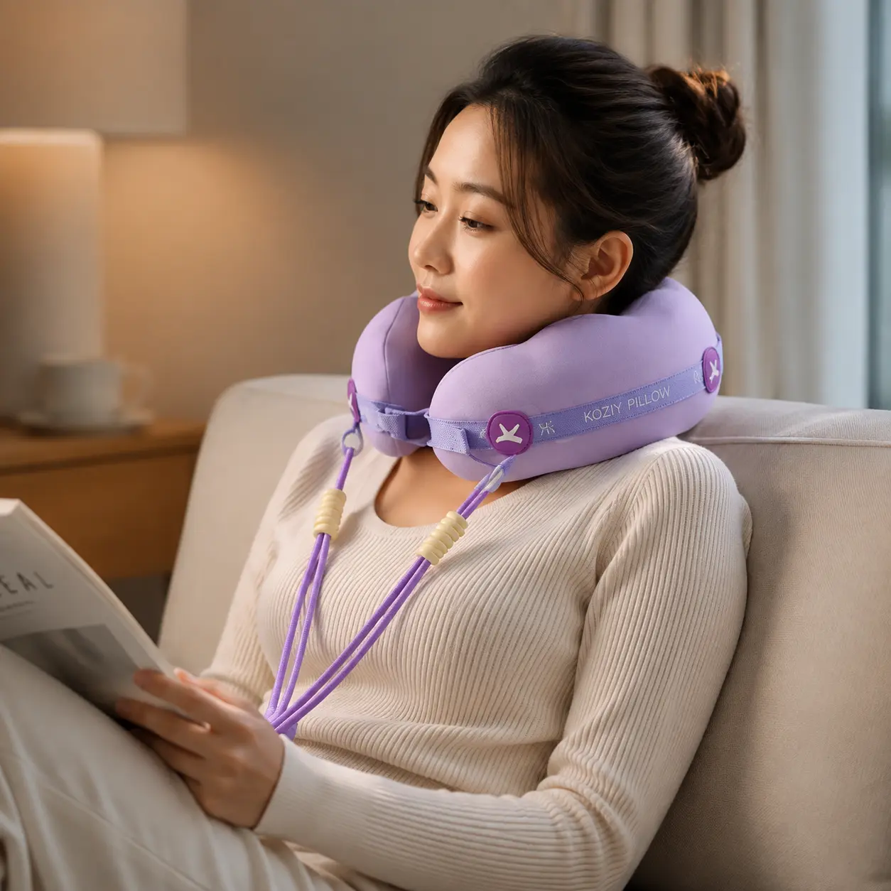 U Shaped Travel Neck Pillow for Airplane, Soft Purple Neck Support Pillow with Adjustable Front Cords, Plush Cervical Rest Cushion for Long Flights, Car Rides, Train Trips, Office Naps, Reading, Sleeping, Vacation, Camping & Travel Essentials Gift