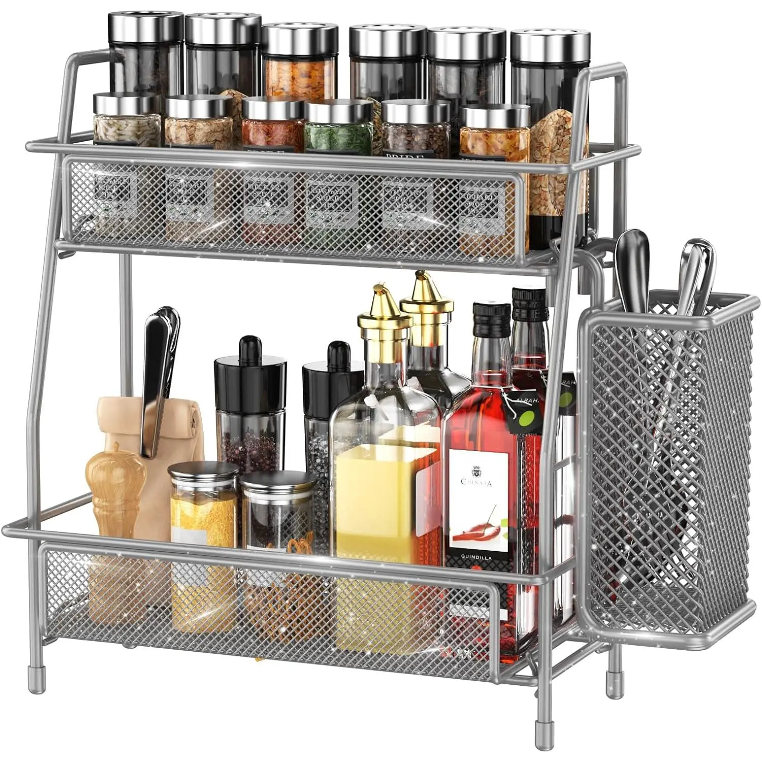 Rack Organizer for Kitchen Counter, Spices Organizer and Storage Seasoning Organizer for Cabinet, Kitchen Metal Countertop Organizer with Side Basket (Grey)