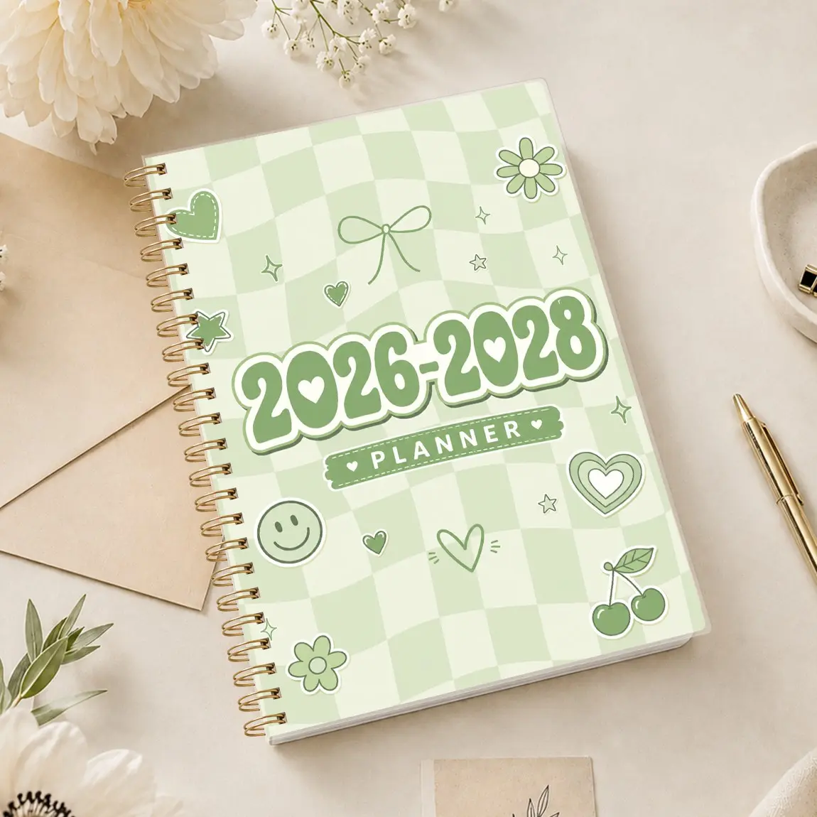 2026-2028 Checkered Heart Smile Cover Monthly Planner, A5 Coil Calendar Notebook, PP Waterproof Cover, 100gsm Memo Pad, Cute Planner, Calendars Planners