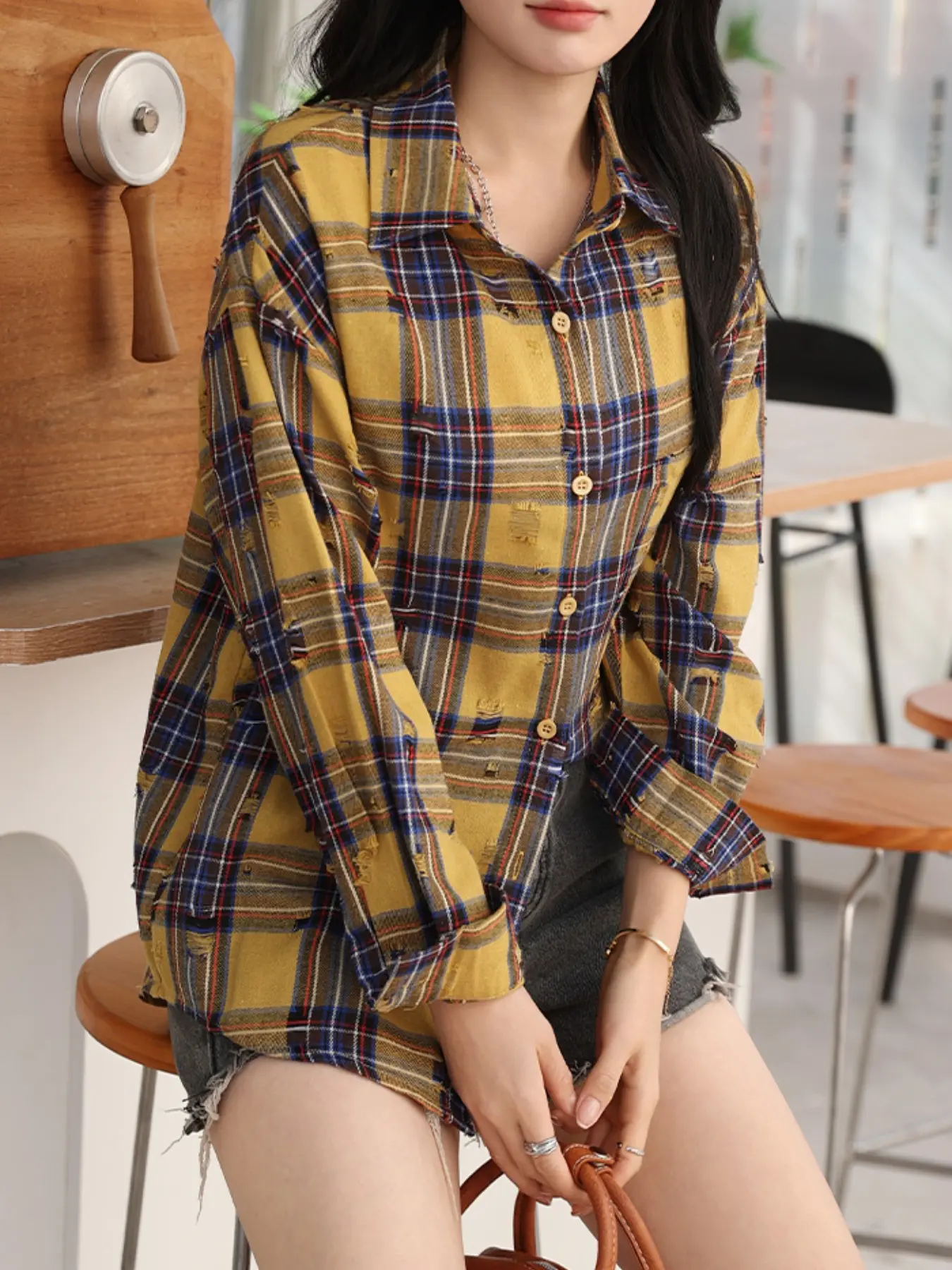 Women Vintage Distressed Ripped Plaid Woven Oversized Shirt, Y2K Streetwear Lapel Long Sleeve Layering Blouse, 4 Retro Colorways Available