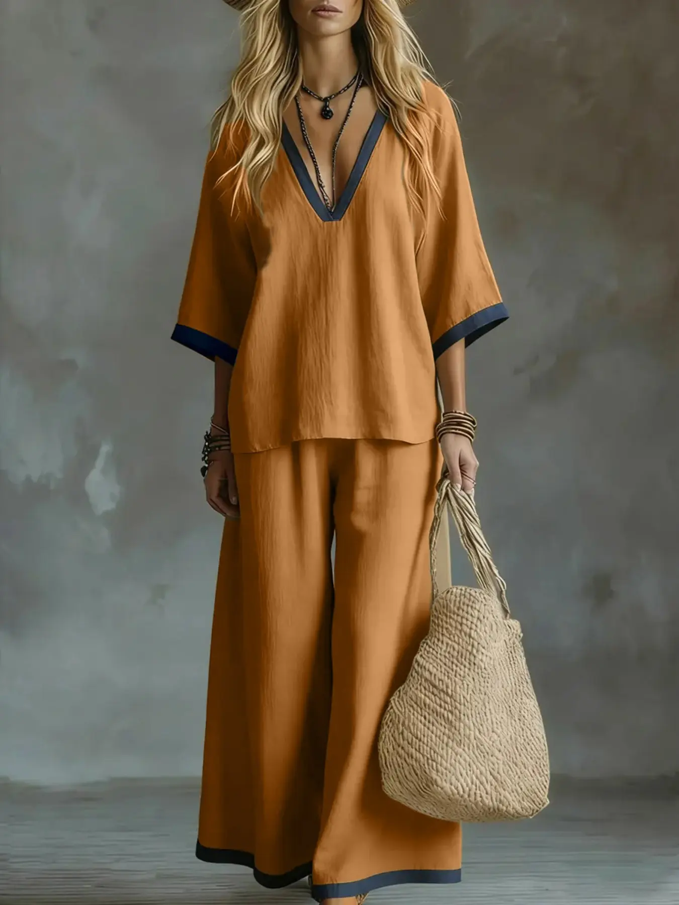 2026 Summer Women's Solid Color Two Piece Set, V Neck Half Sleeve Top, Loose Fit Long Pants, Casual Daily Streetwear, Co-Ord, Outfit