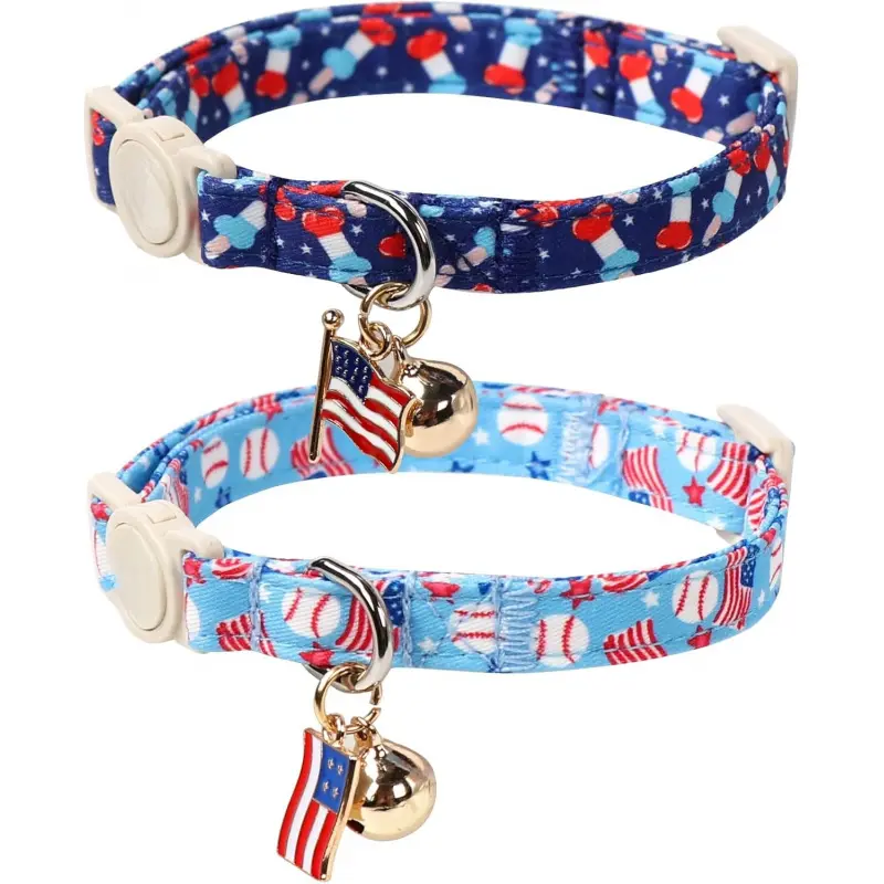 2-Pack 4th of July Independence Day Holiday Cat Collars - Patriotic Breakaway Kitty Collars with Bell, Summer Baseball Blue Design for Boy & Girl Cats