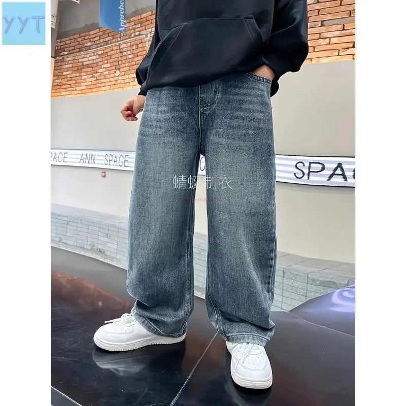 Boys' YYT1 Casual Loose-Fit Straight-Leg Pants Jeans, Solid Light Blue Viscose Blend, All-Season Long Length, Elastic Waistband with Pockets for Casual Wear