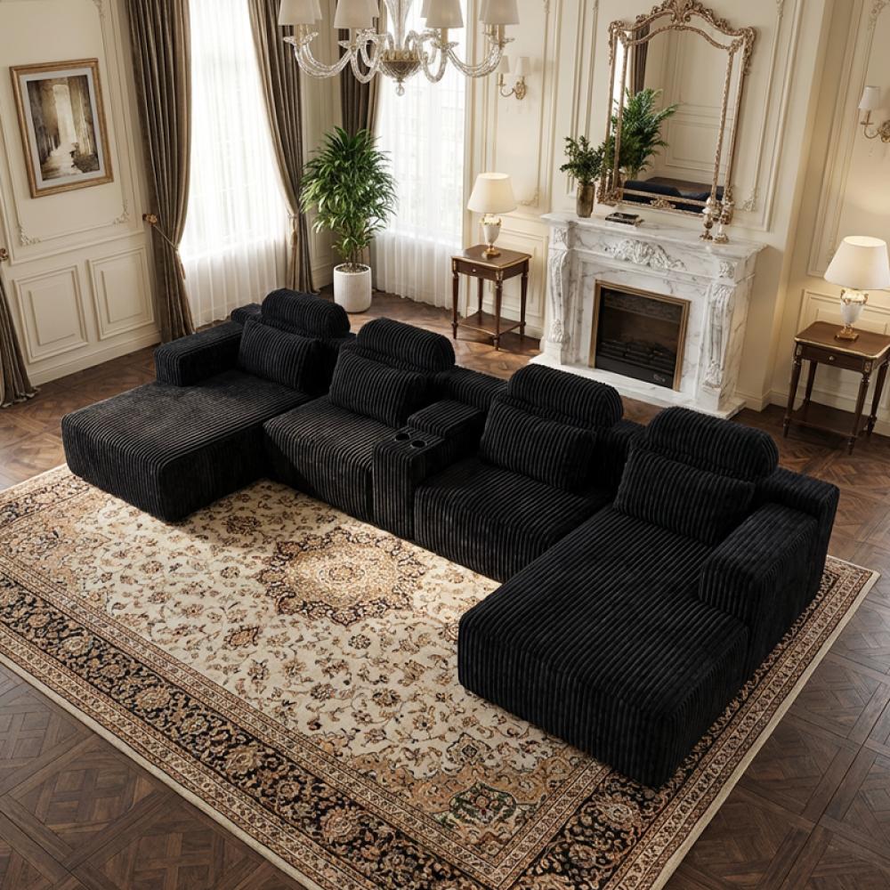 143.7-inch L-shaped sofa set with chaise longue and cup holders; modern black velvet sofa set; four-piece living room furniture set; oversized modular sofa; ideal for home theaters, living rooms, and luxury living spaces