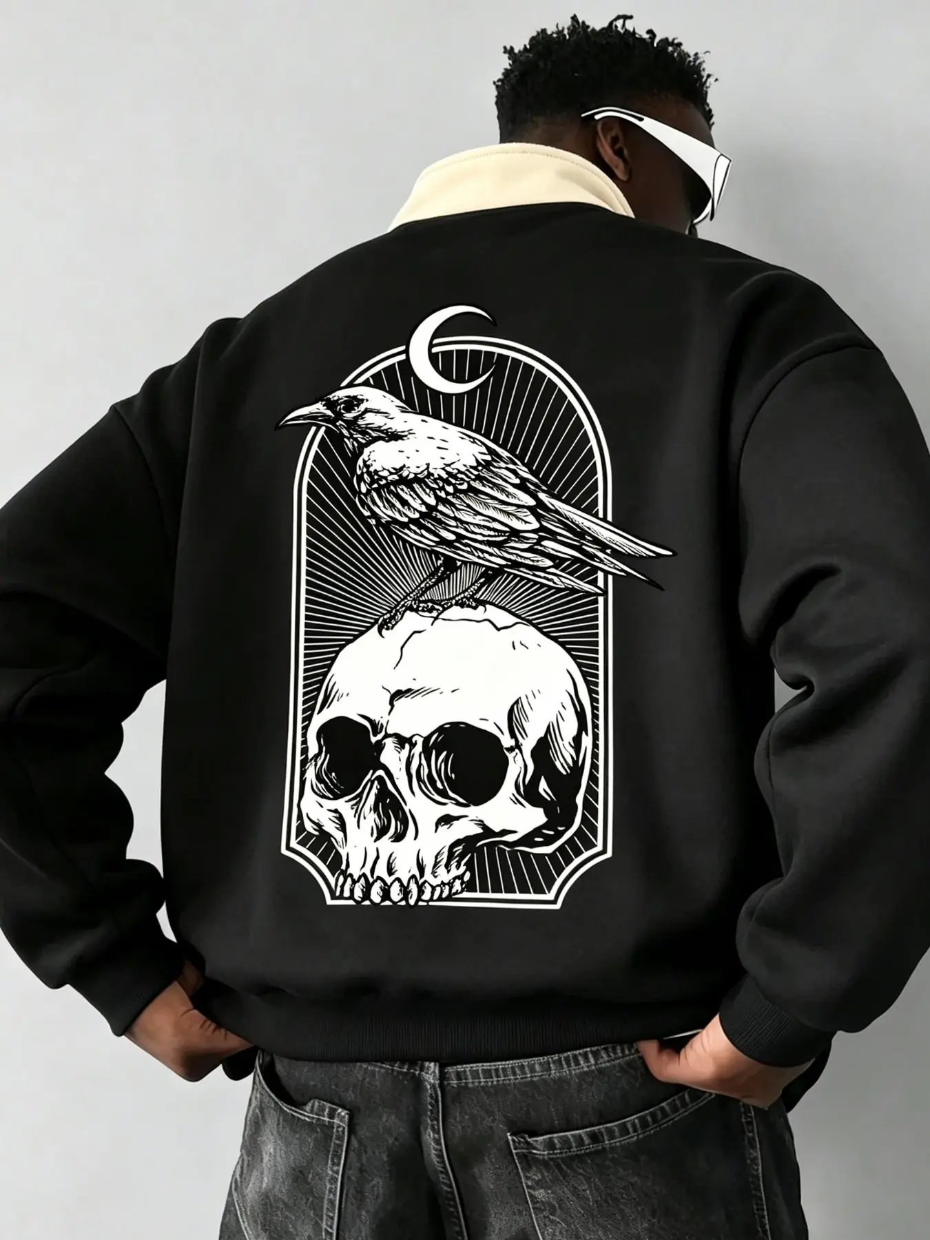 Vintage Gothic Crow Skull Jacket, Aesthetic Coat with Back Print, Ideal for Goth Boys, Emo, Grunge Lovers, Fall Winter Streetwear