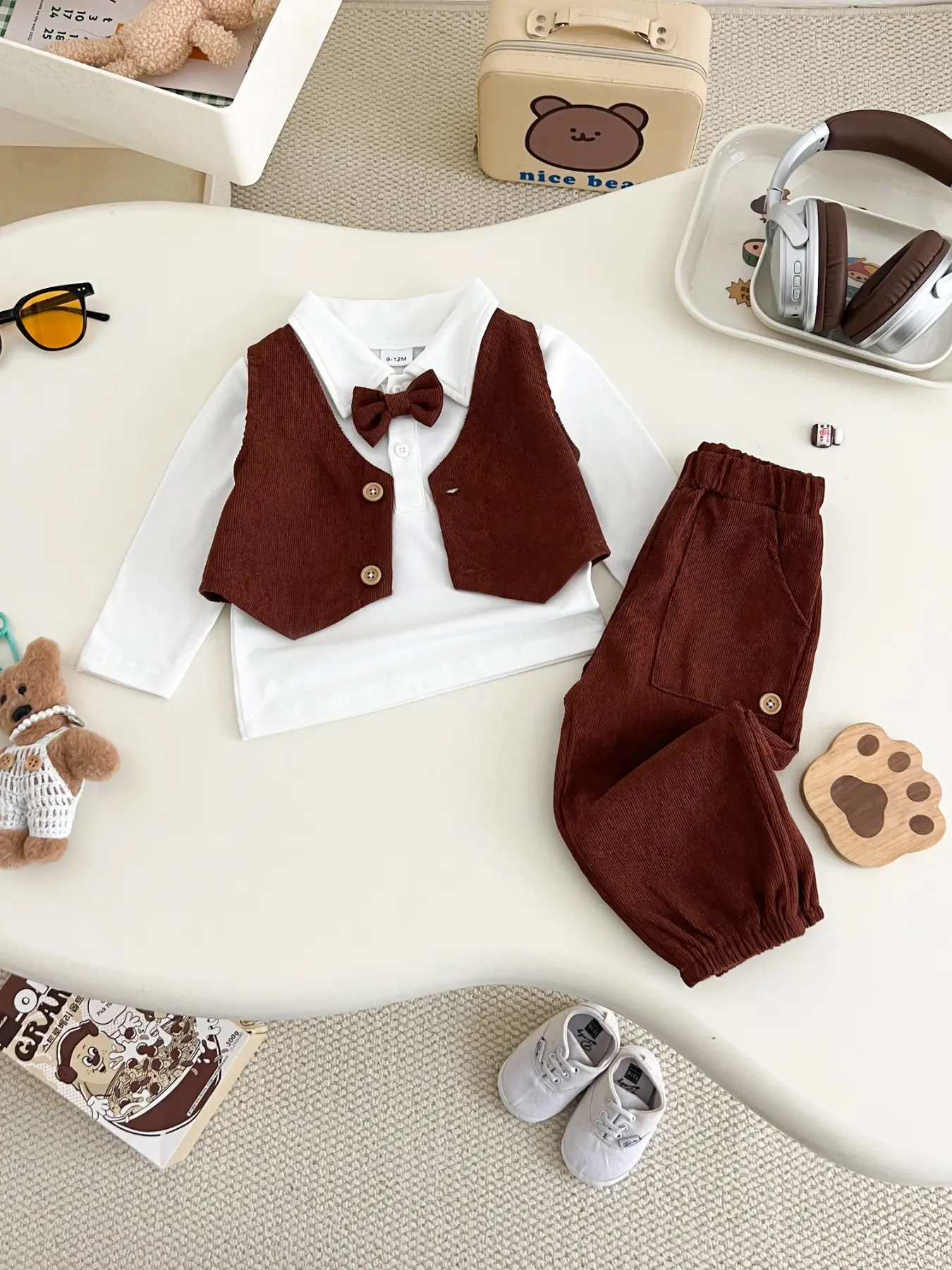 4-Piece Gentleman Set, Polo Shirt and Corduroy Pants, Vest and Tie, Casual Spring Summer Party, Kids Fashion, Outfit Sets